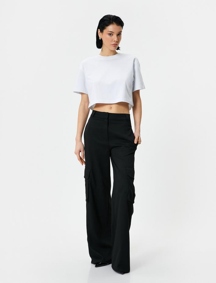  Crop Tişört Bisiklet Yaka Kısa Kollu Pamuklu