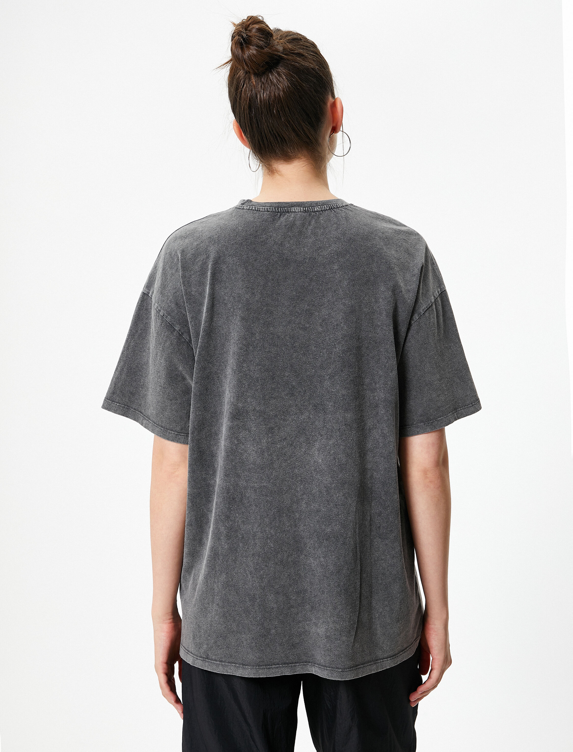   Baskılı Tişört Soluk Efektli Kısa Kollu Bisiklet Yaka Pamuklu