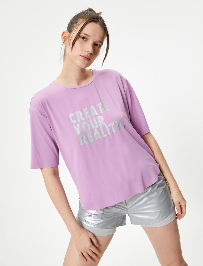  Oversize Spor Tişört Metalik Baskılı Kısa Kollu Bisiklet Yaka