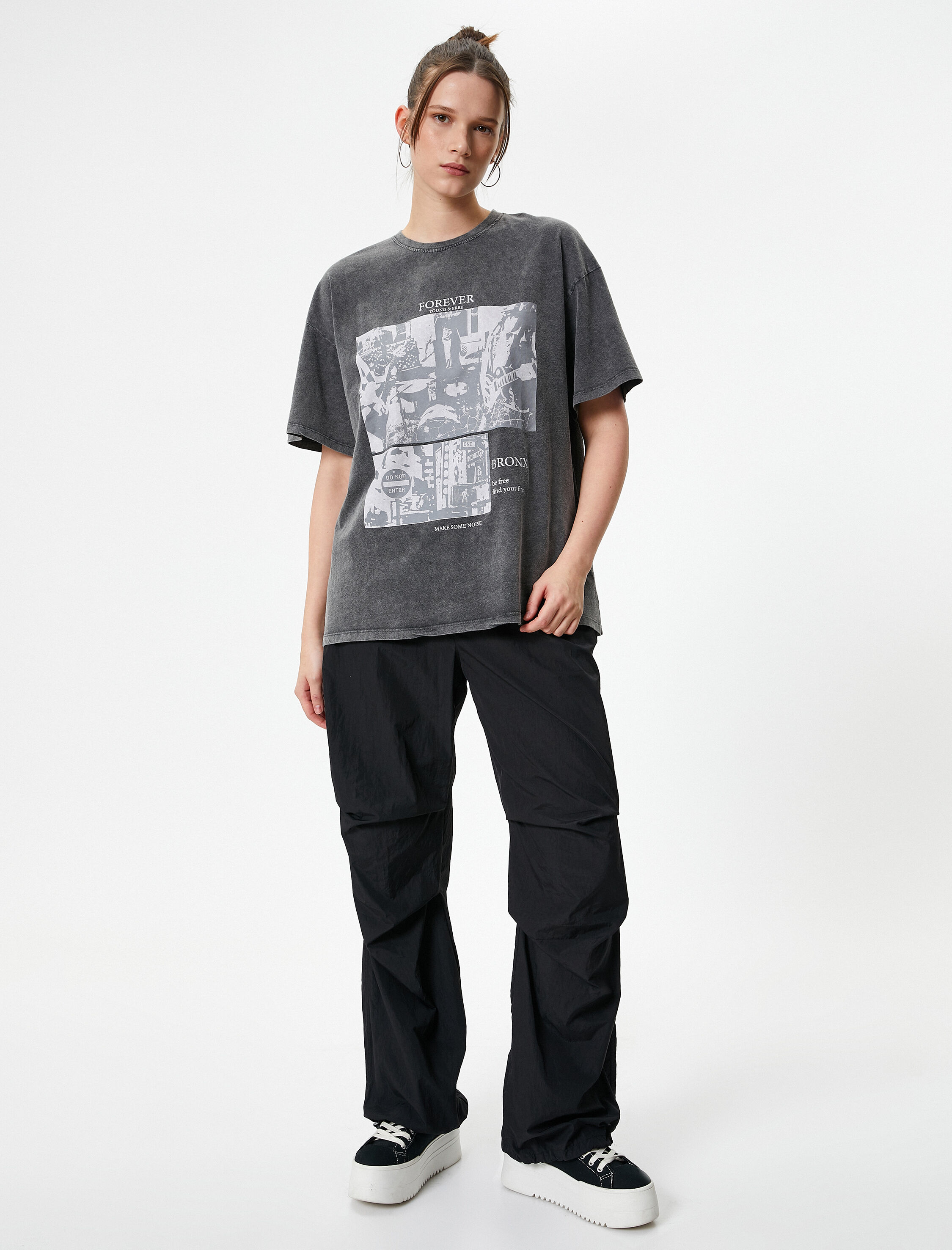   Baskılı Tişört Soluk Efektli Kısa Kollu Bisiklet Yaka Pamuklu