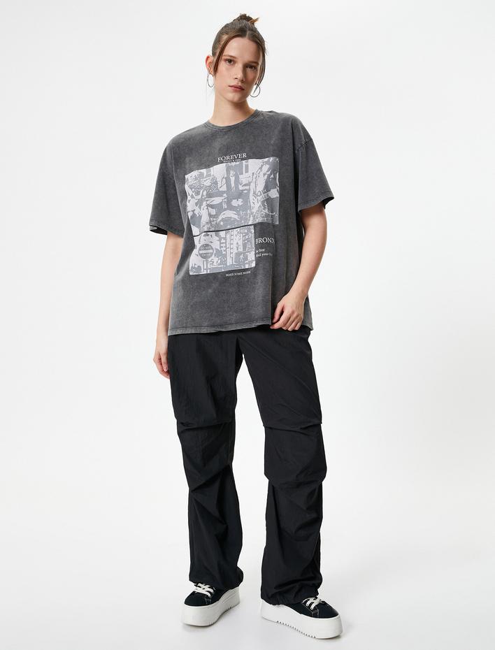  Baskılı Tişört Soluk Efektli Kısa Kollu Bisiklet Yaka Pamuklu