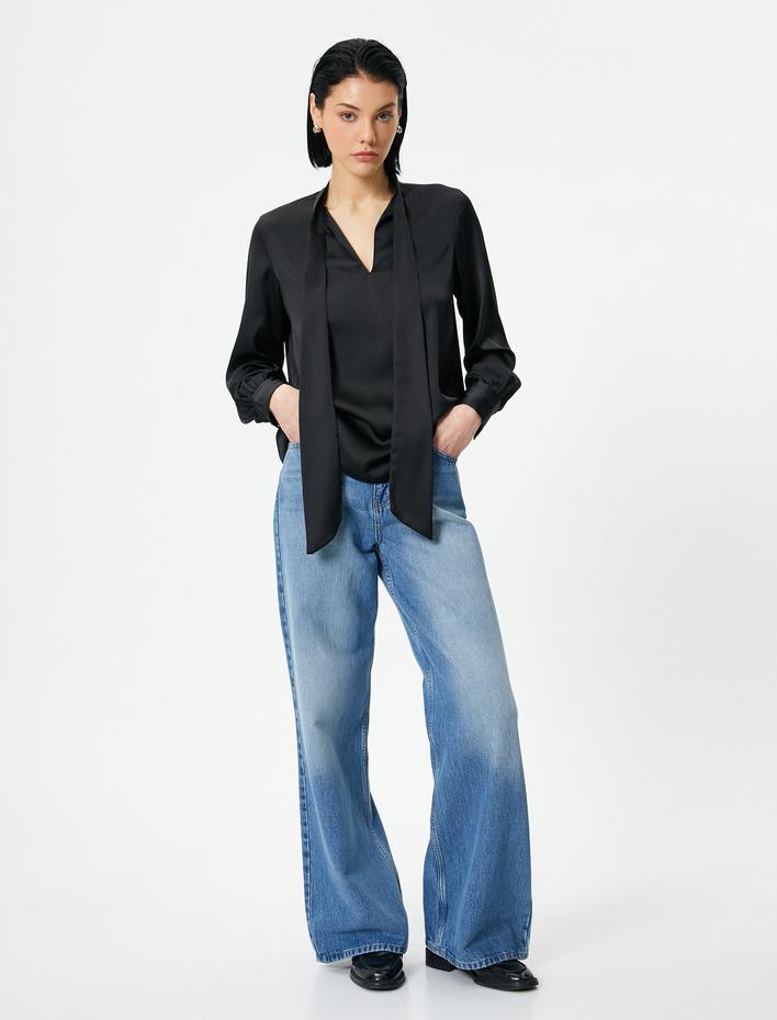  Saten Bluz Bağlama Detaylı Uzun Kollu