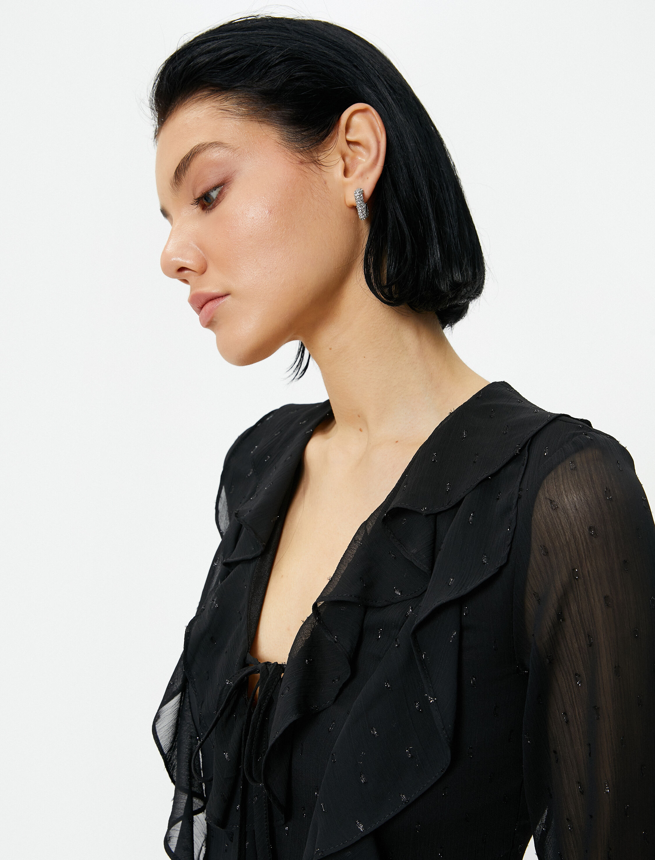   Fırfırlı Tül Elbise Parıltılı Mini Boy Uzun Kollu