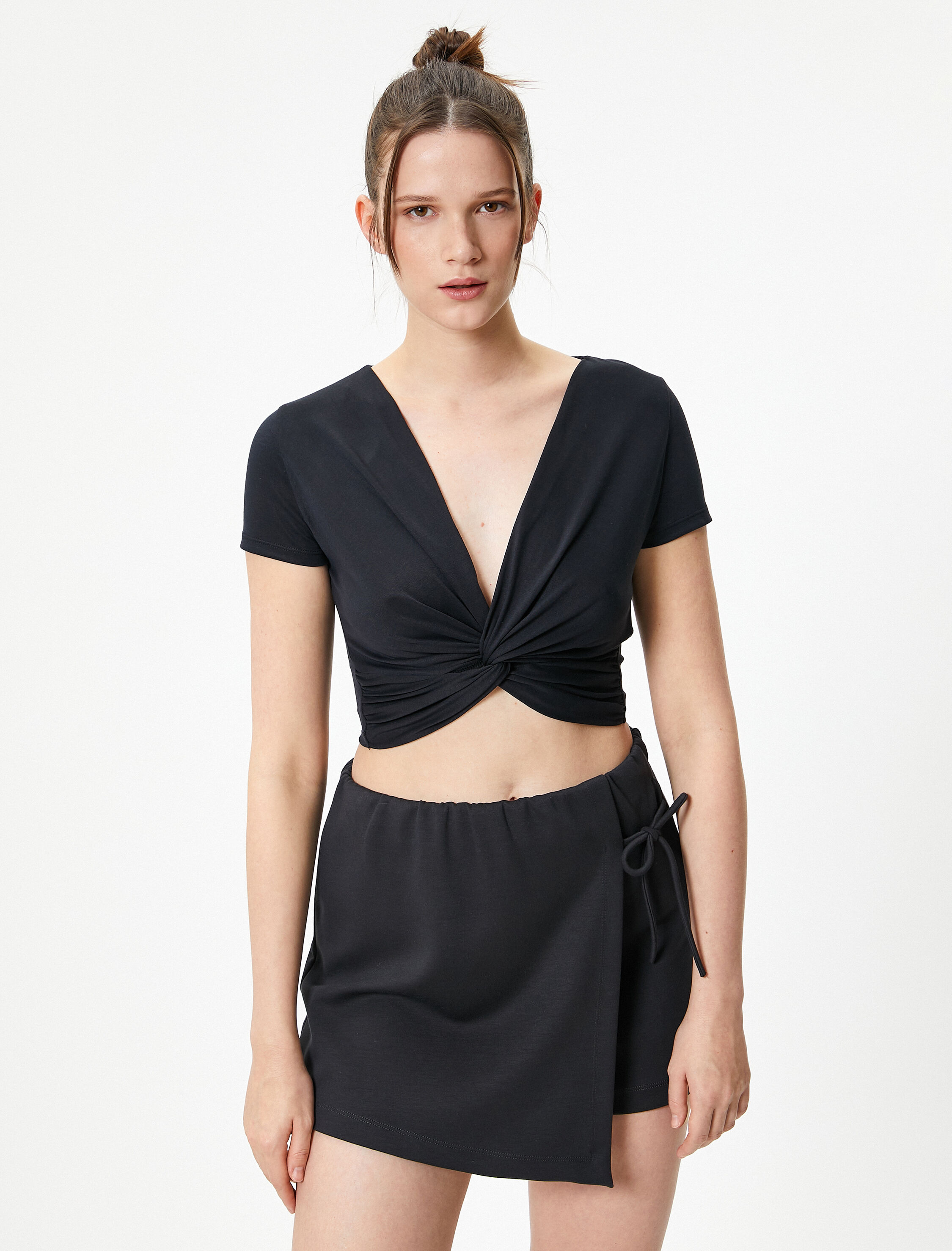   Yoga Spor Tişört Modal Kumaş Düğüm Detaylı V Yaka