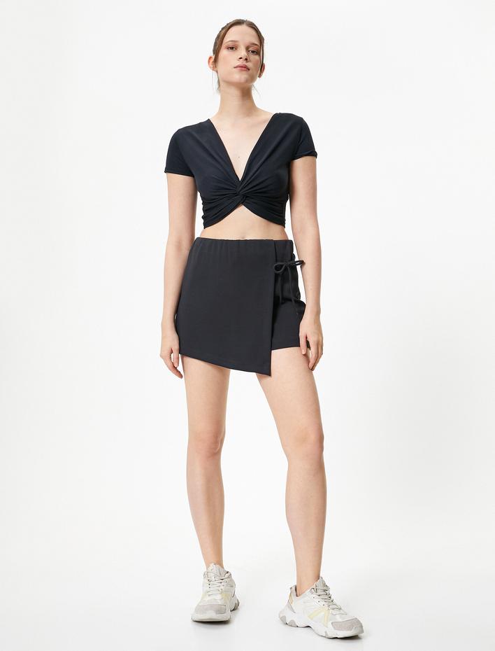  Yoga Spor Tişört Modal Kumaş Düğüm Detaylı V Yaka