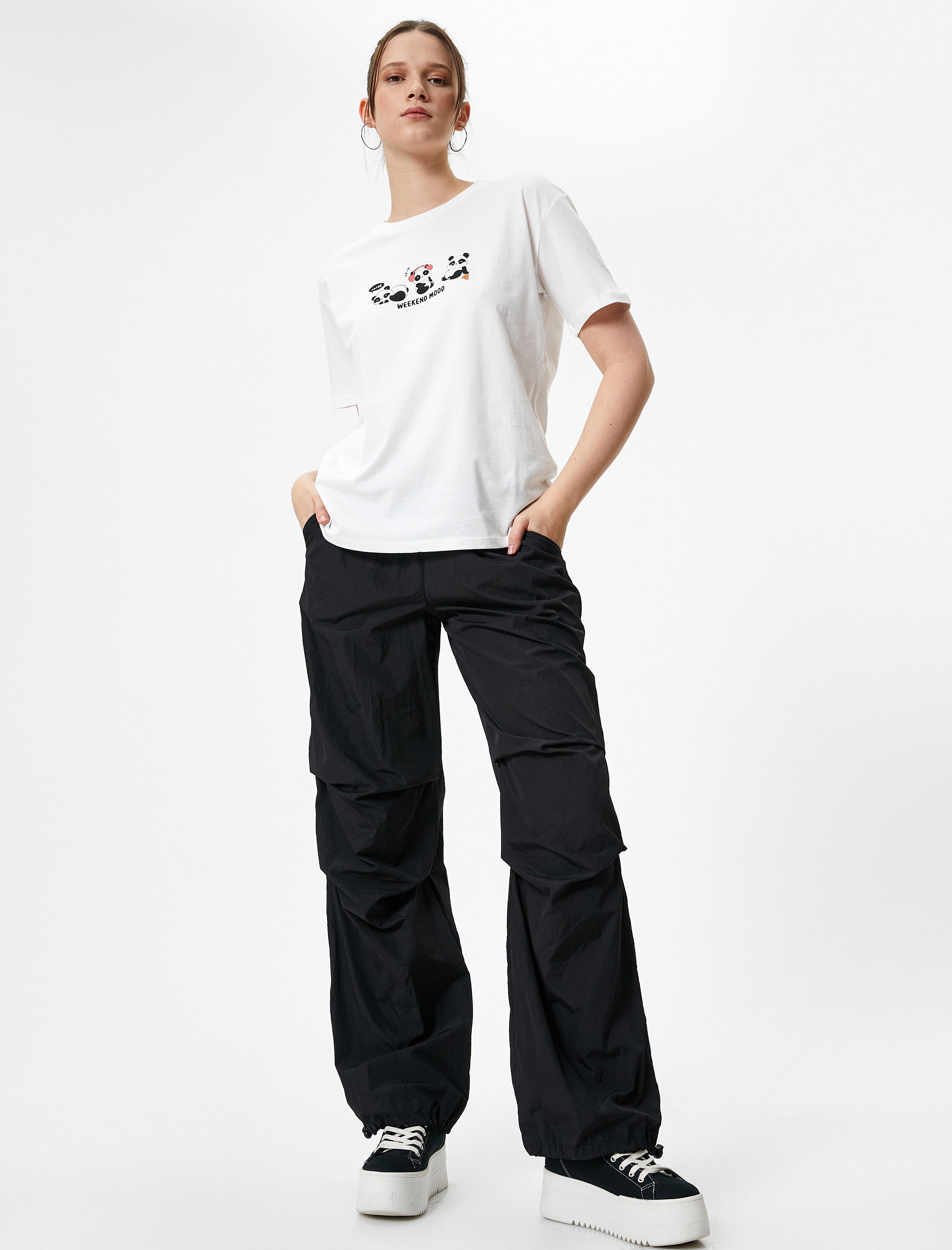   Panda Baskılı Tişört Kısa Kollu Bisiklet Yaka Pamuklu