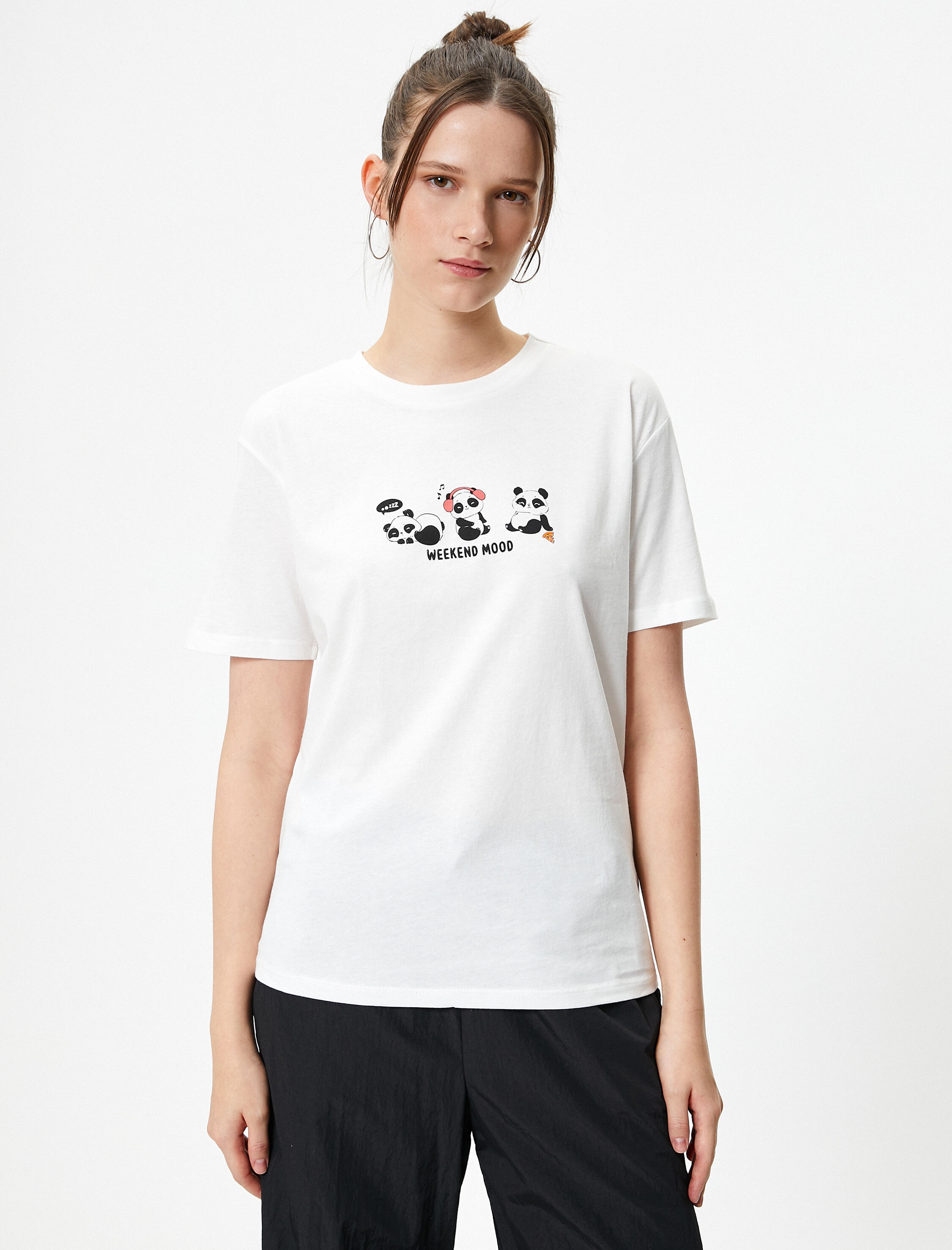   Panda Baskılı Tişört Kısa Kollu Bisiklet Yaka Pamuklu