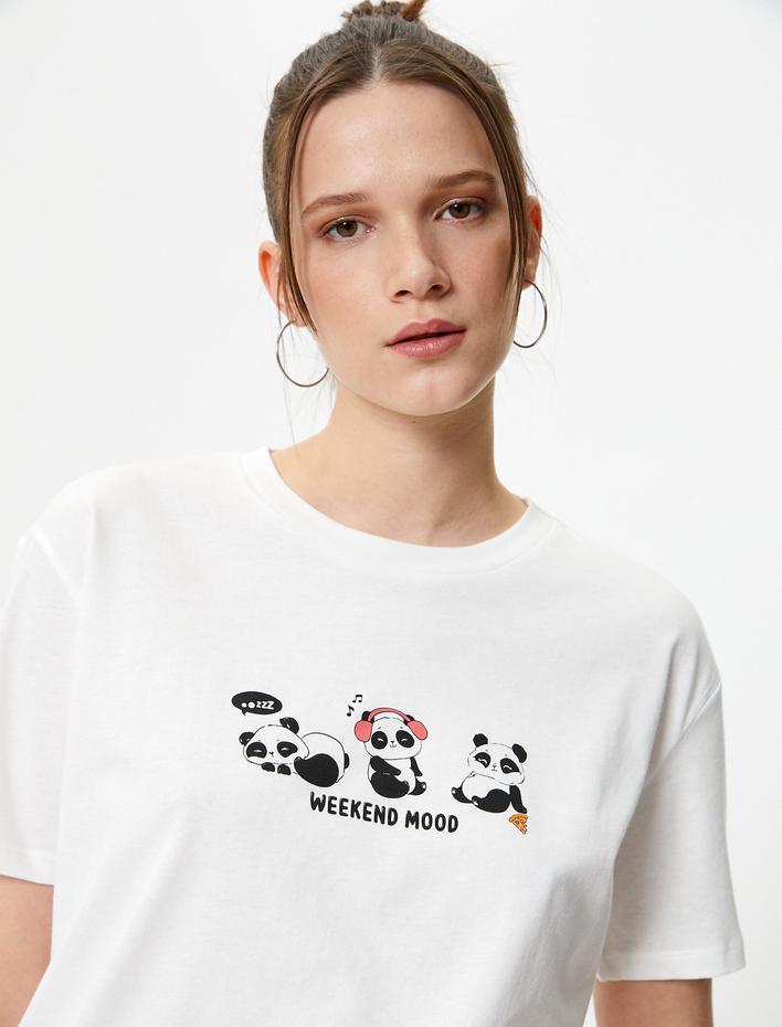  Panda Baskılı Tişört Kısa Kollu Bisiklet Yaka Pamuklu