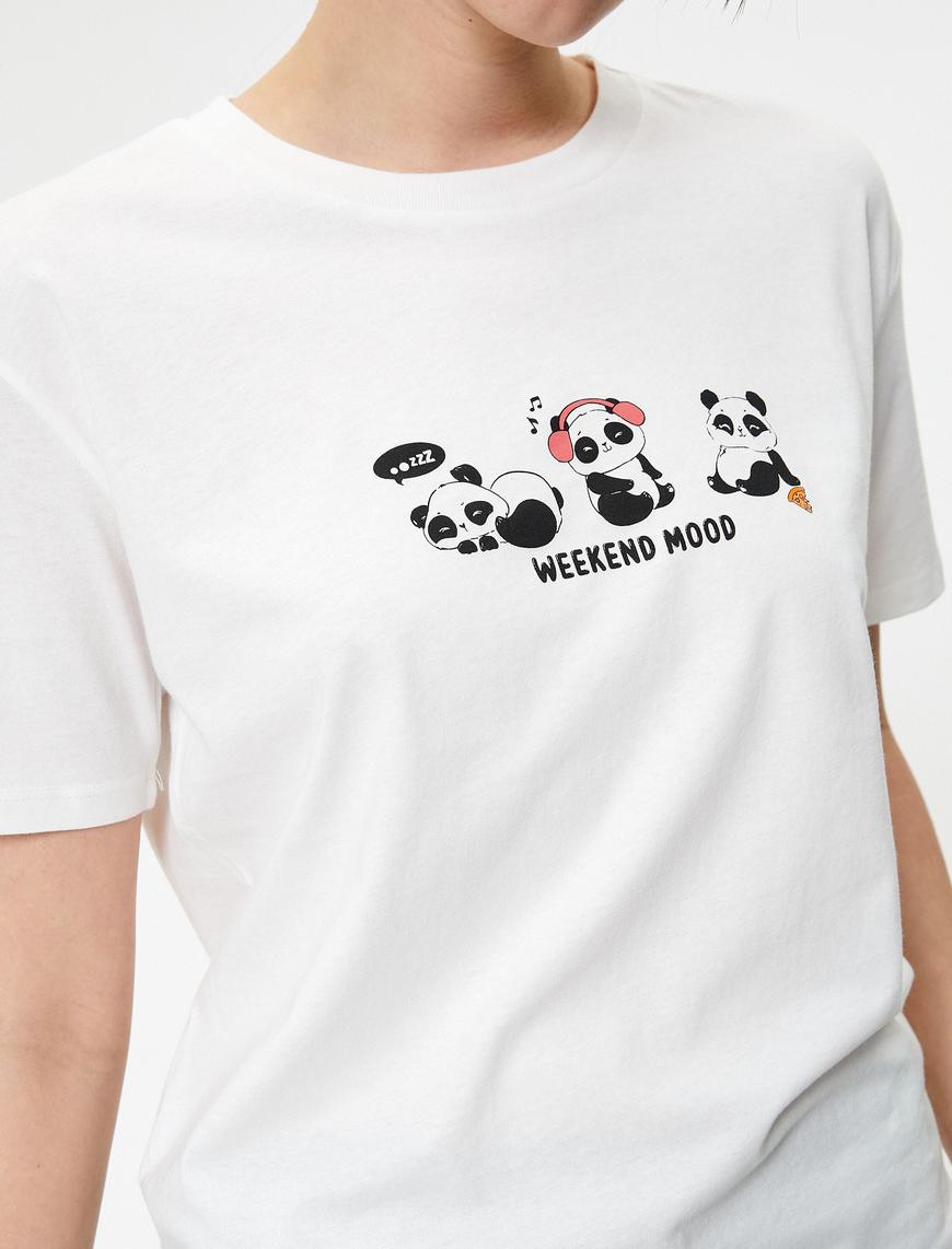   Panda Baskılı Tişört Kısa Kollu Bisiklet Yaka Pamuklu