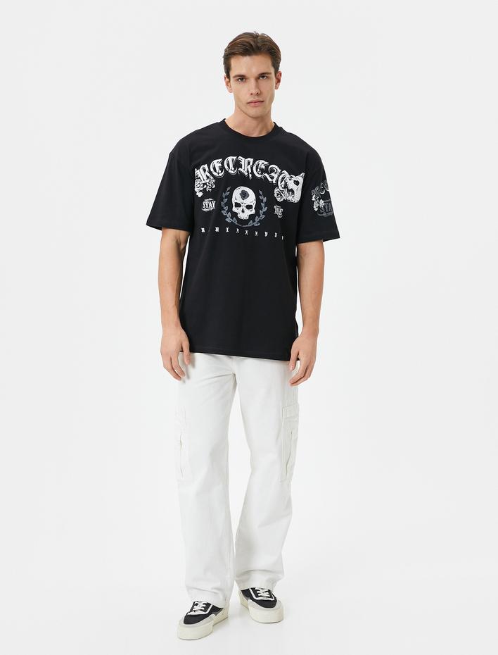  Oversize Tişört Arkası Baskılı Kuru Kafa Temalı Bisiklet Yaka