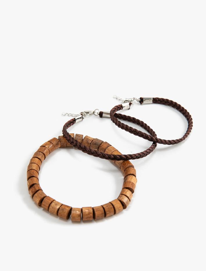 Erkek Bileklik Seti 3'lü Ahşap Boncuklu Deri Görünümlü