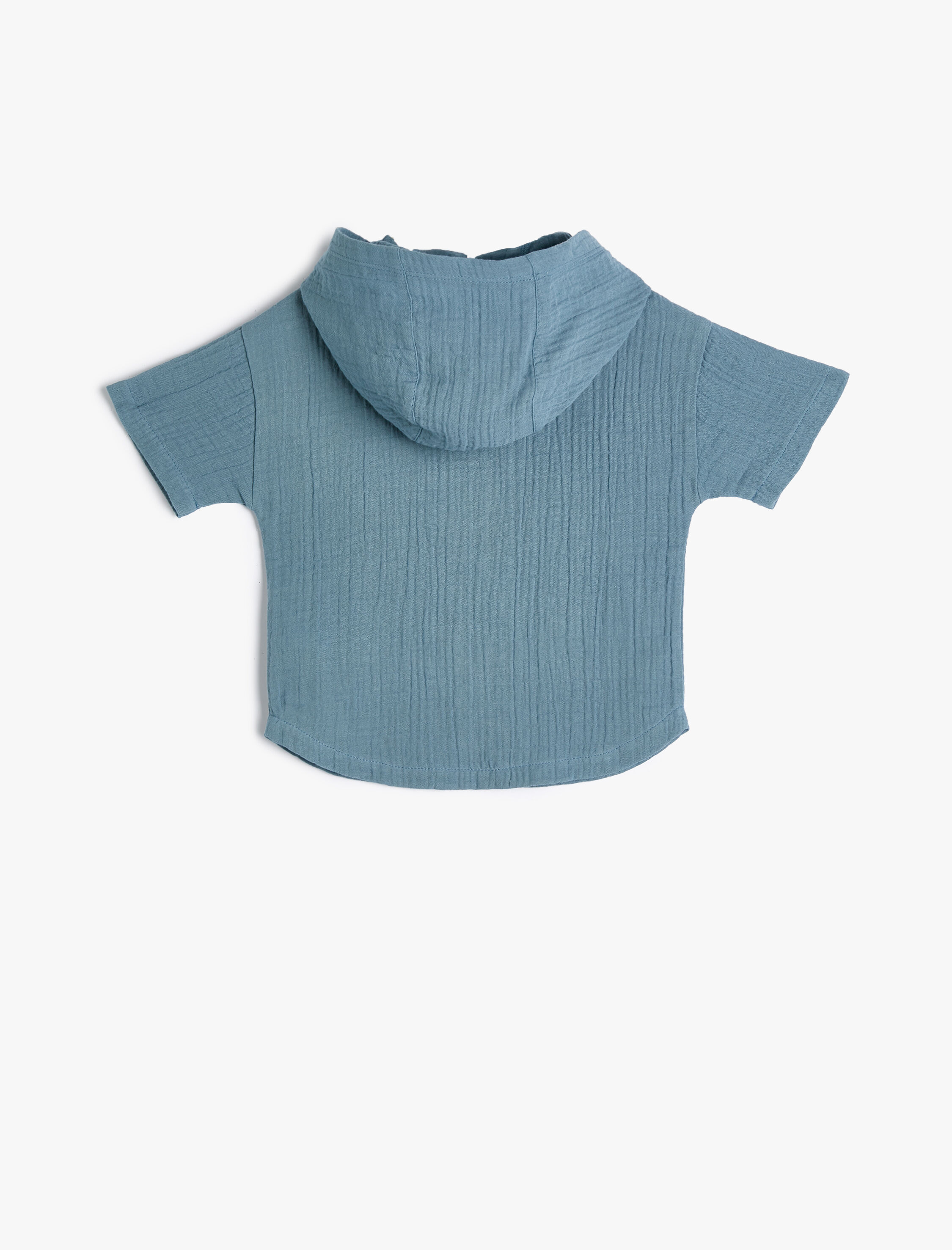  Erkek Bebek Kısa Kollu Pamuklu Müslin Kumaş Kapşonlu Gömlek