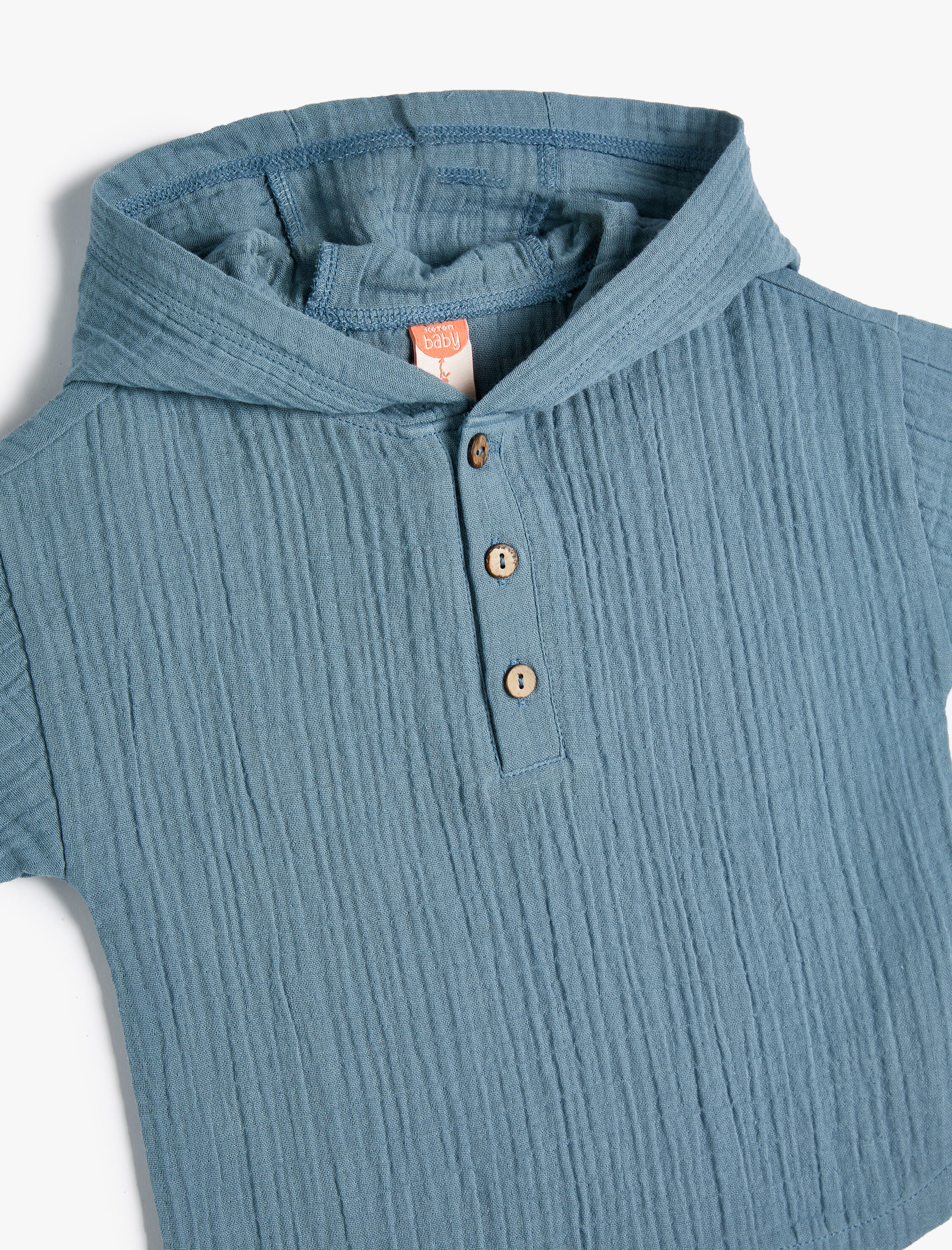  Erkek Bebek Kısa Kollu Pamuklu Müslin Kumaş Kapşonlu Gömlek