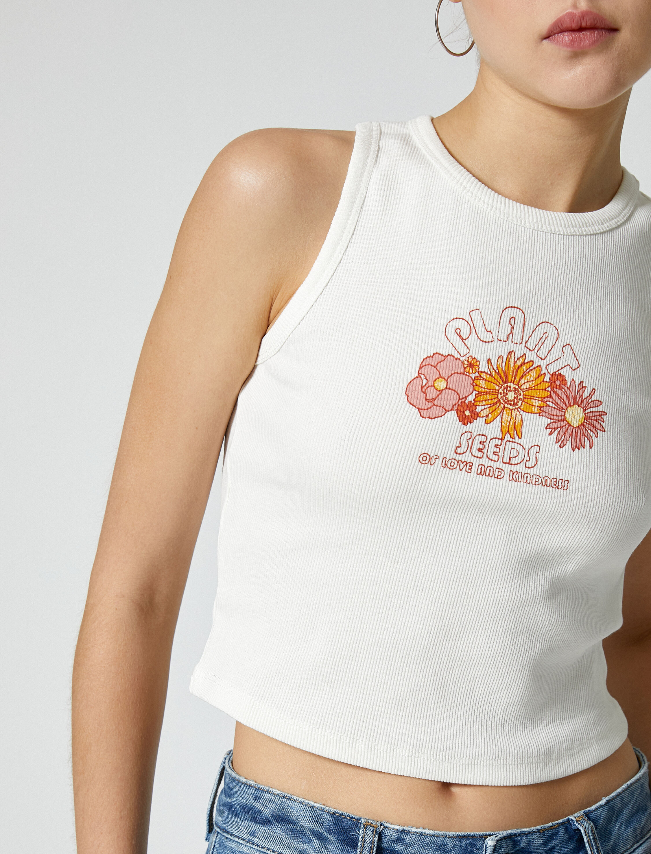   Çiçekli Crop Atlet Bisiklet Yaka Ribanalı Pamuklu