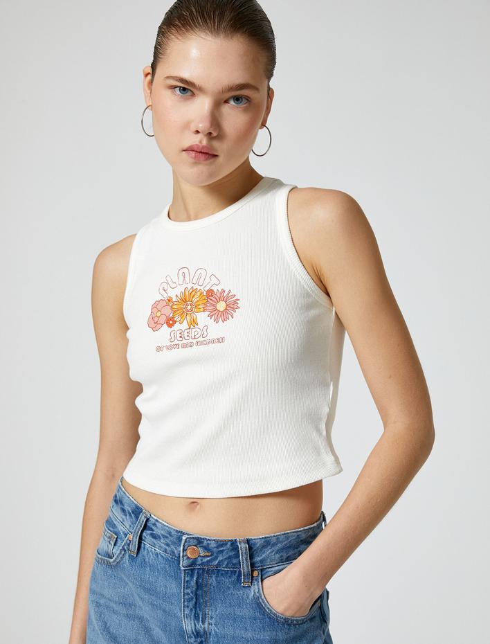  Çiçekli Crop Atlet Bisiklet Yaka Ribanalı Pamuklu