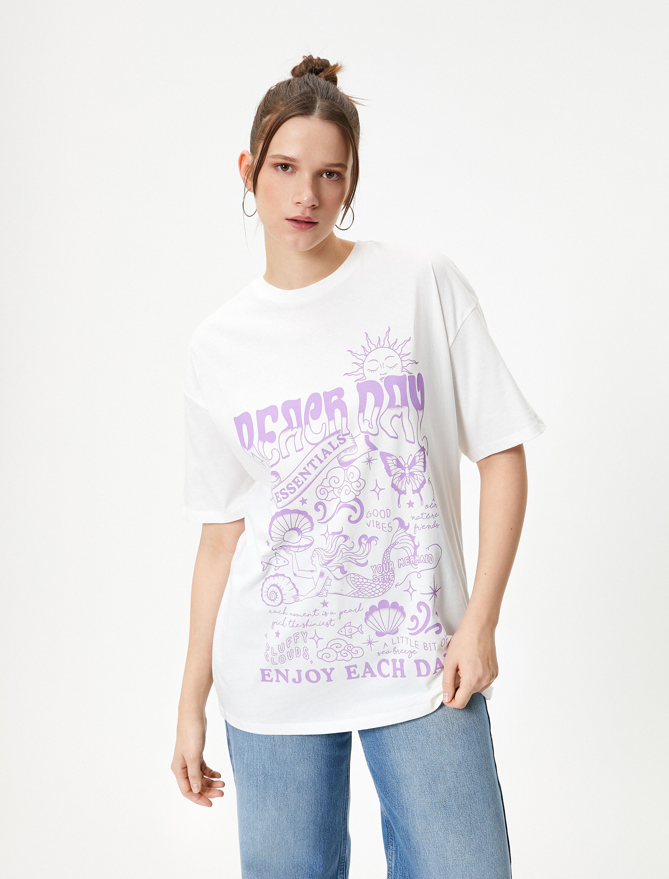   Baskılı Tişört Pamuklu Kısa Kollu Bisiklet Yaka