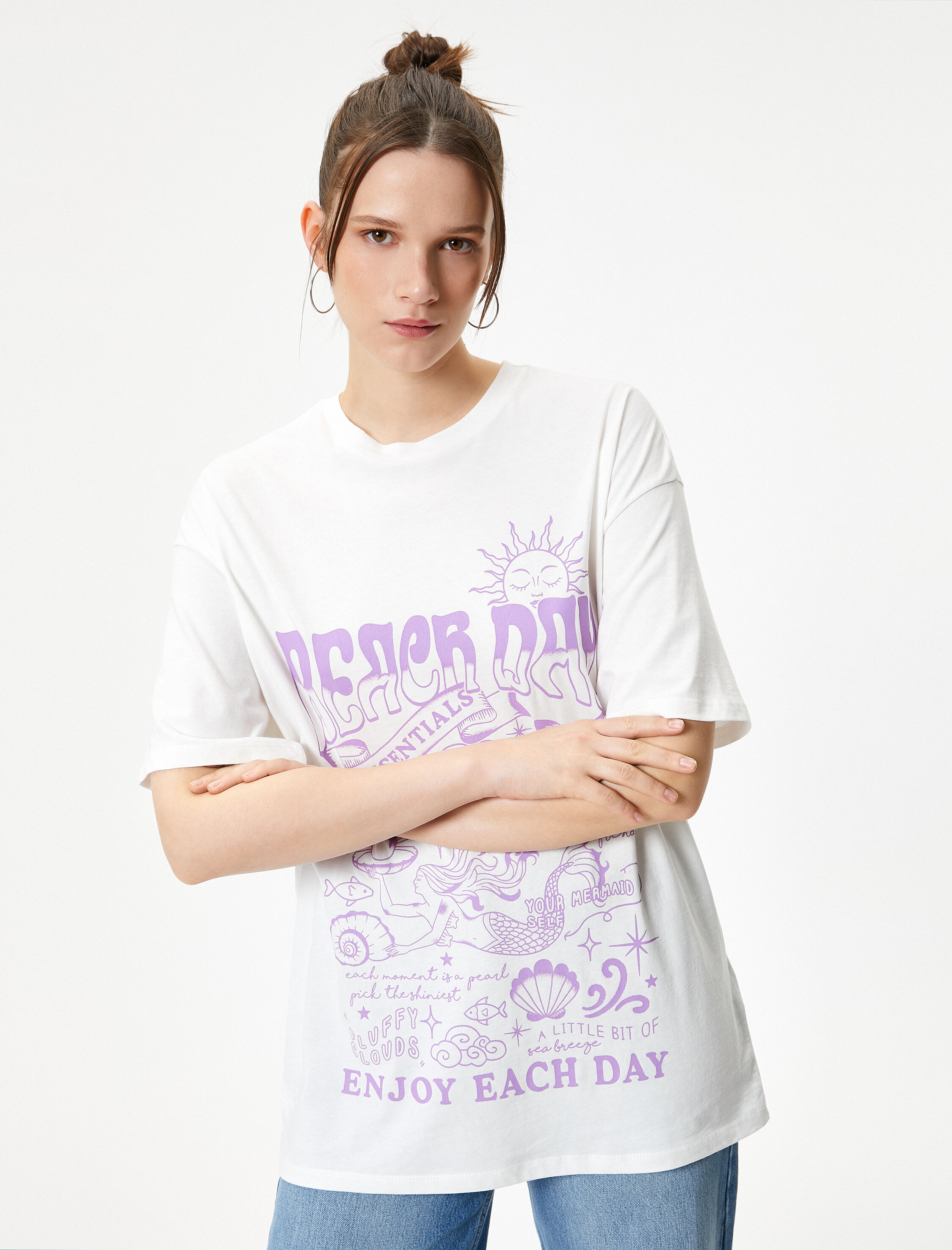   Baskılı Tişört Pamuklu Kısa Kollu Bisiklet Yaka