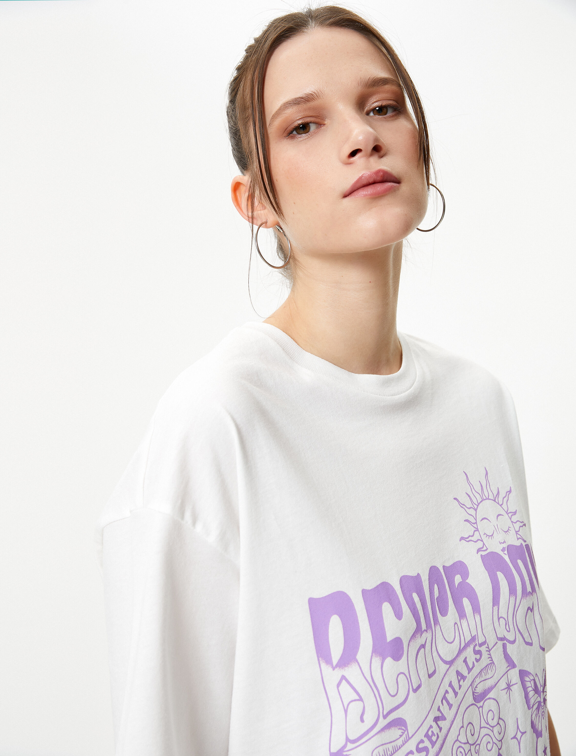   Baskılı Tişört Pamuklu Kısa Kollu Bisiklet Yaka