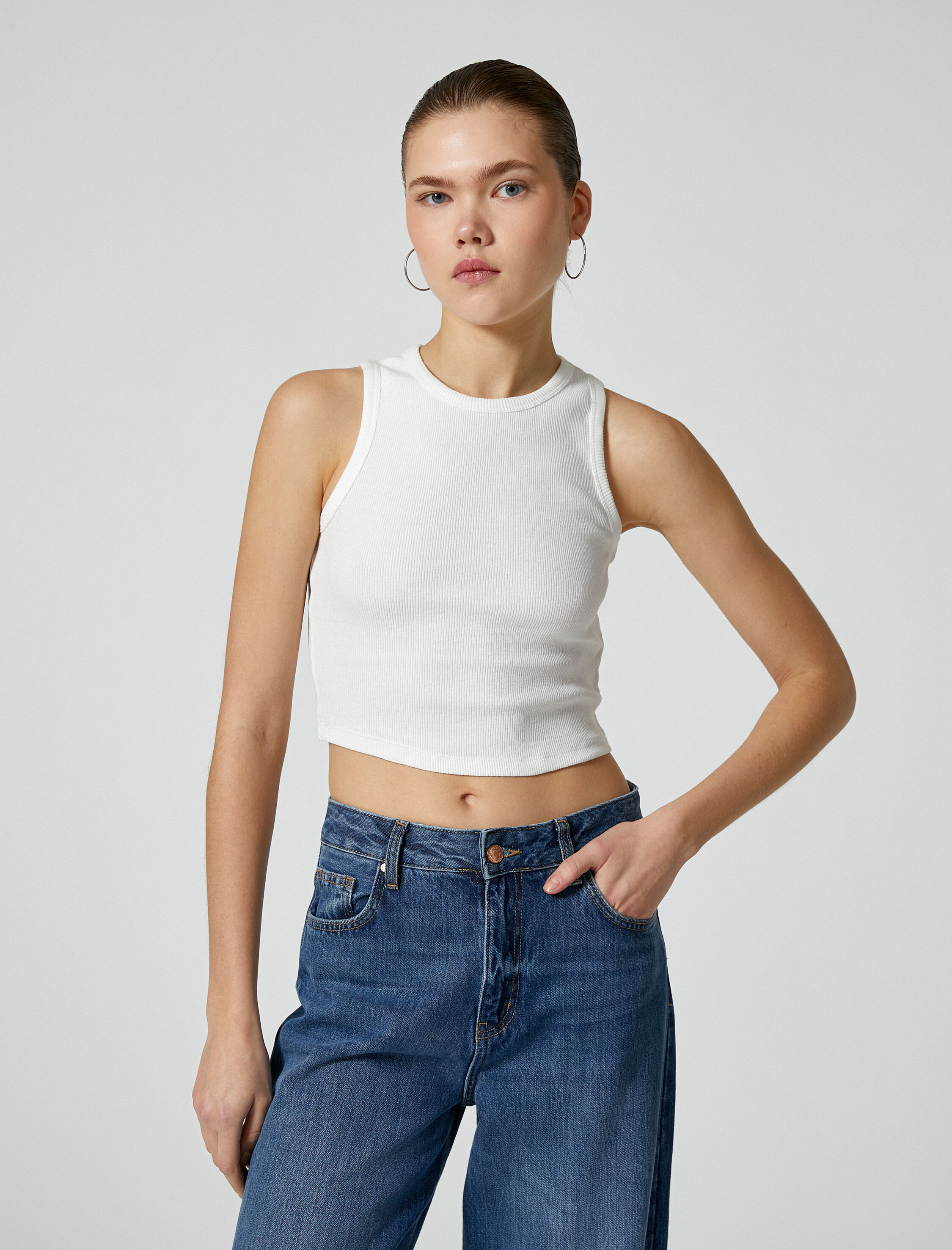   Basic Crop Atlet Bisiklet Yaka Ribanalı Pamuklu