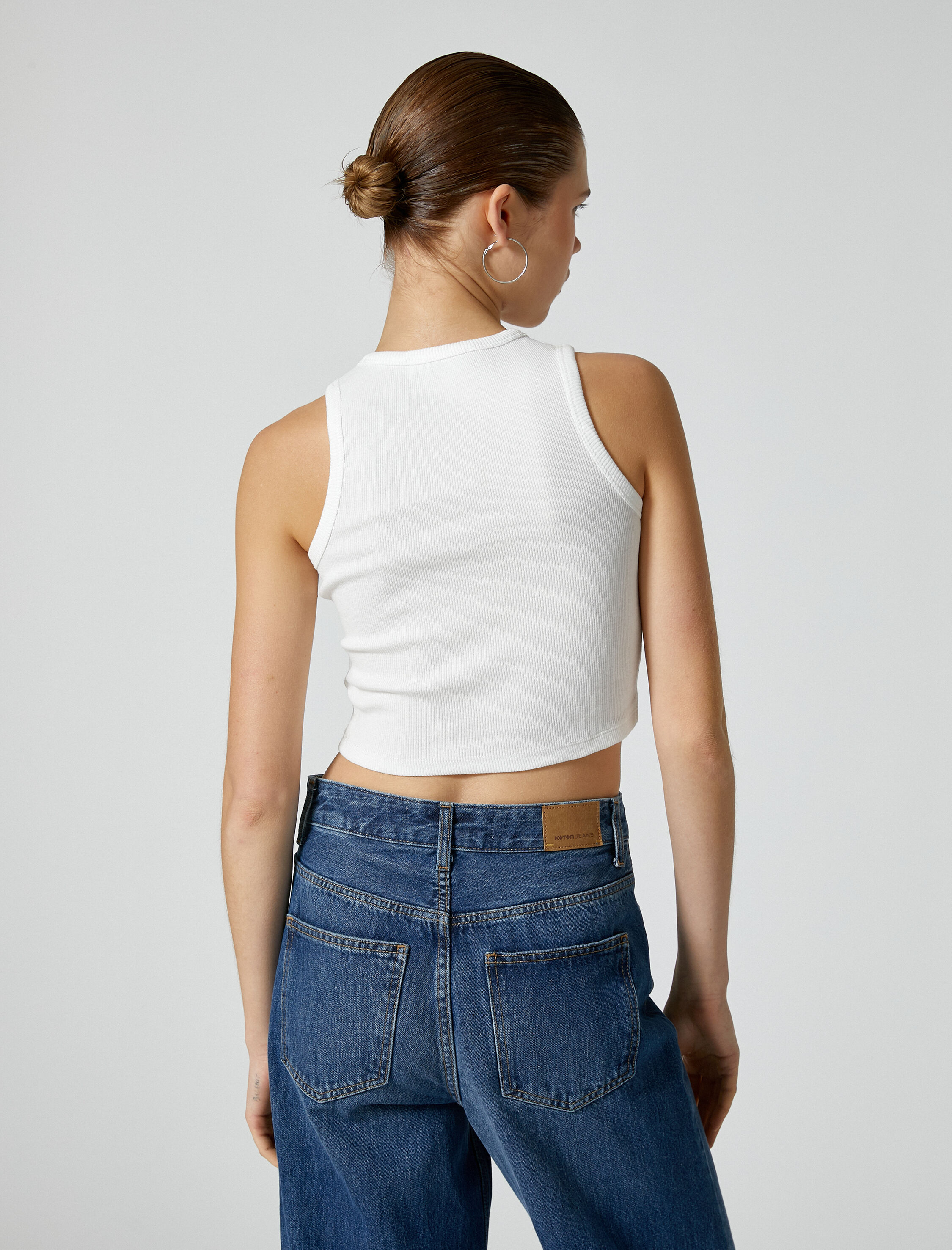   Basic Crop Atlet Bisiklet Yaka Ribanalı Pamuklu