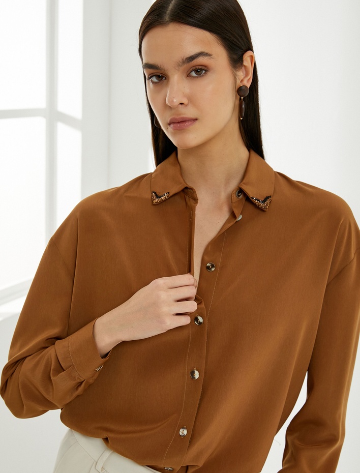  Uzun Kollu Gömlek Yaka Detaylı Düğmeli Standart Kesim