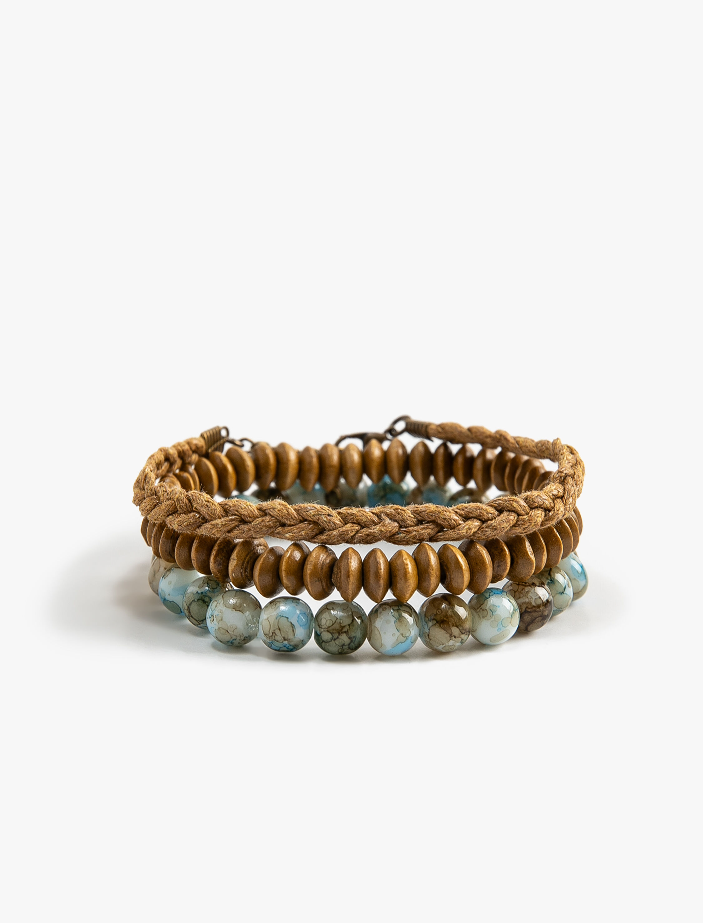  Erkek Bileklik Seti 3'lü Hasır Dokulu Ahşap Boncuklu