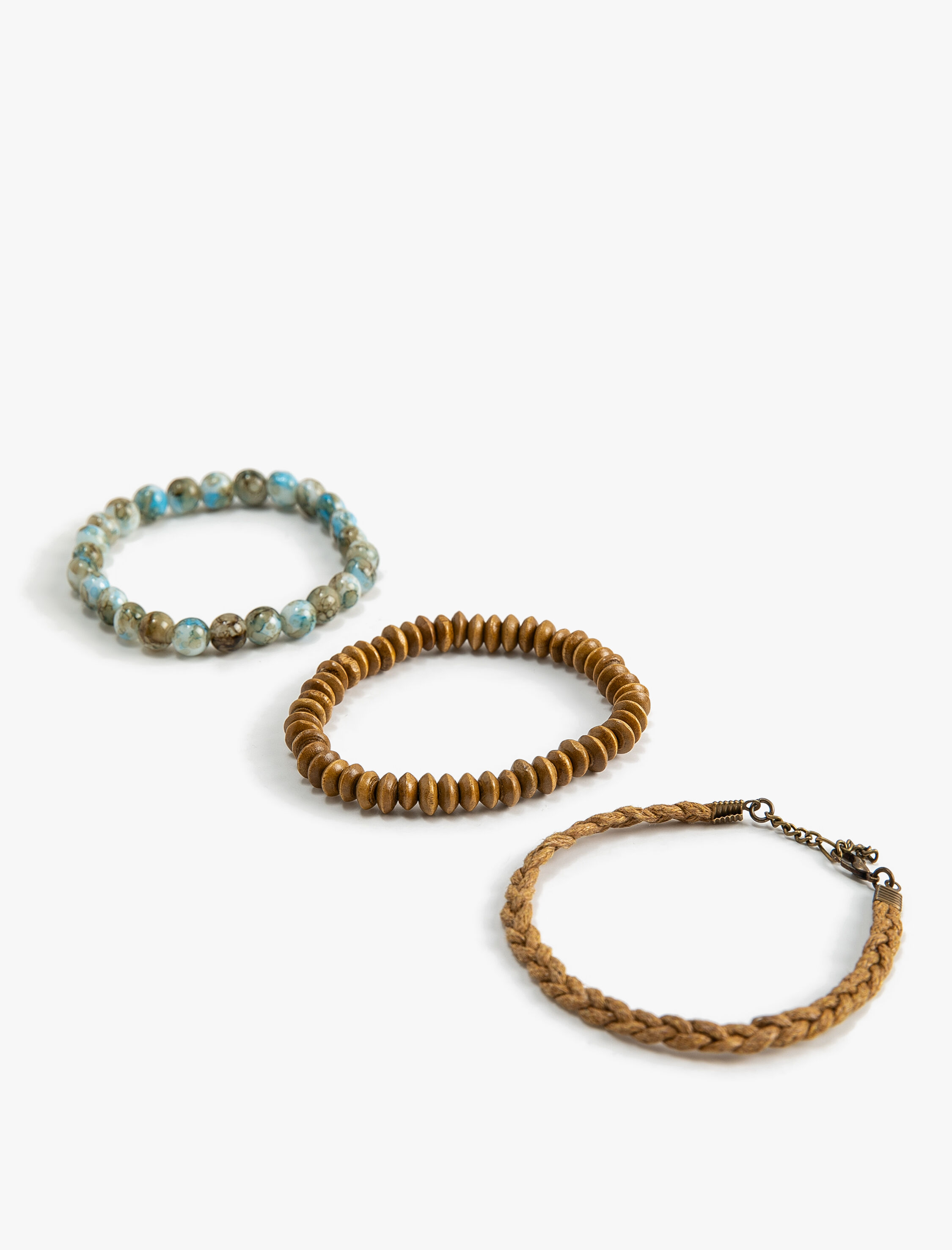  Erkek Bileklik Seti 3'lü Hasır Dokulu Ahşap Boncuklu