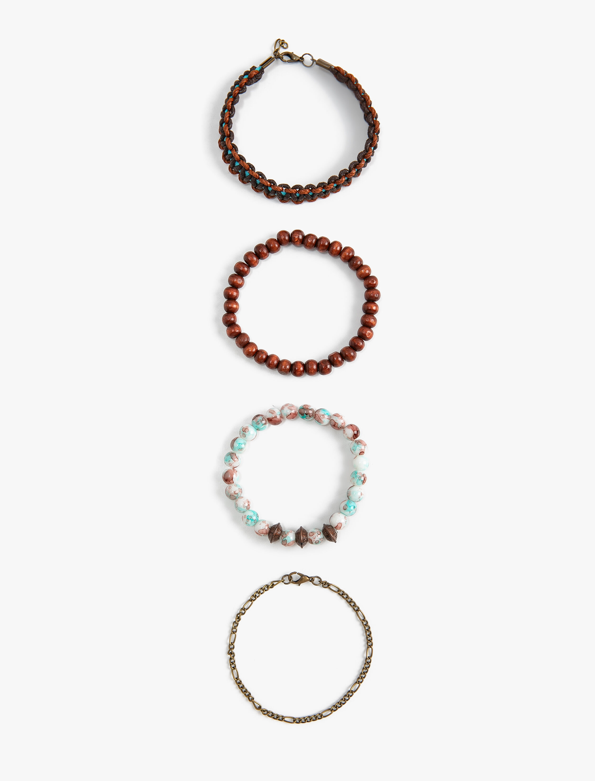  Erkek Bileklik Seti 4'lü Zincirli Ahşap Boncuklu Çok Renkli