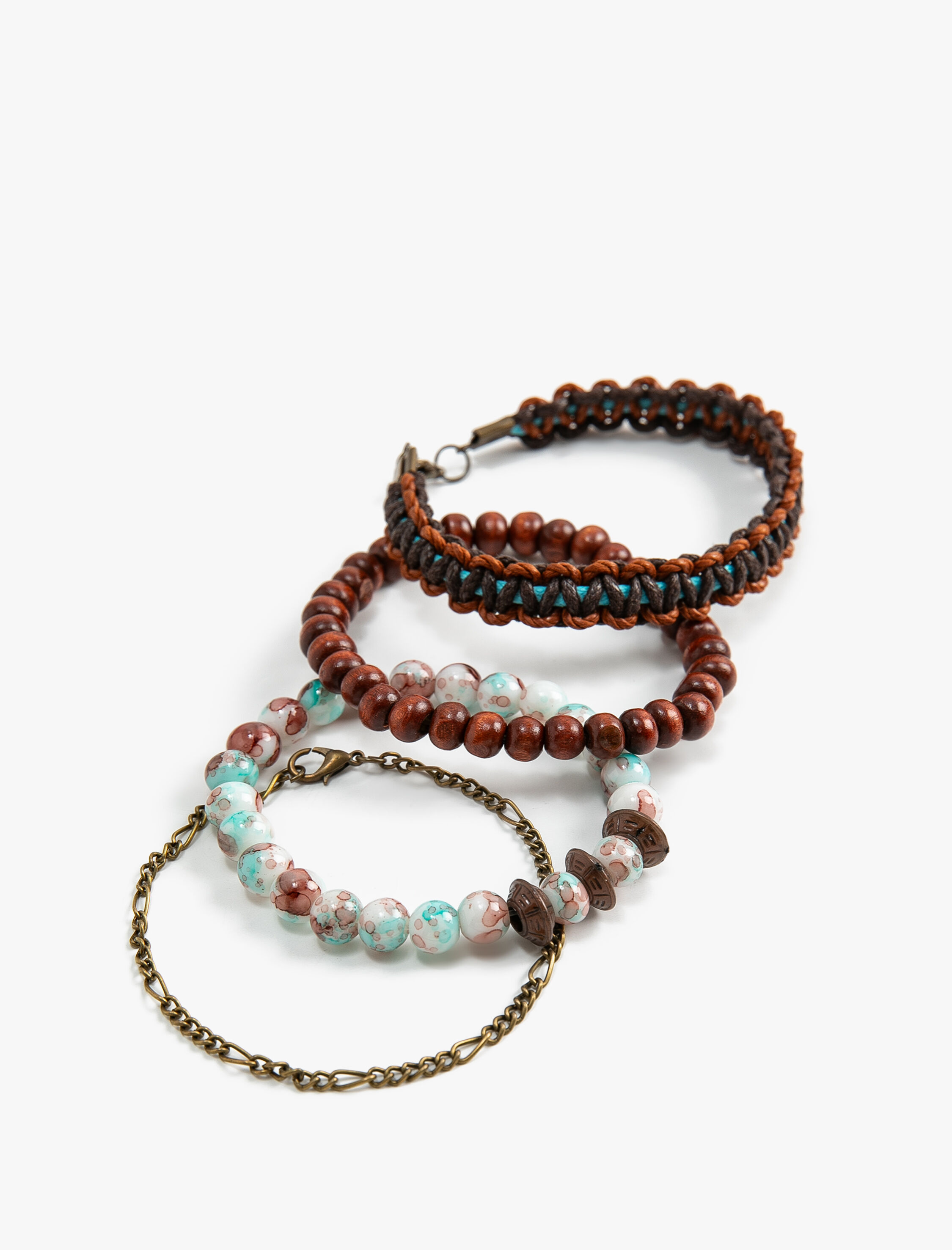  Erkek Bileklik Seti 4'lü Zincirli Ahşap Boncuklu Çok Renkli