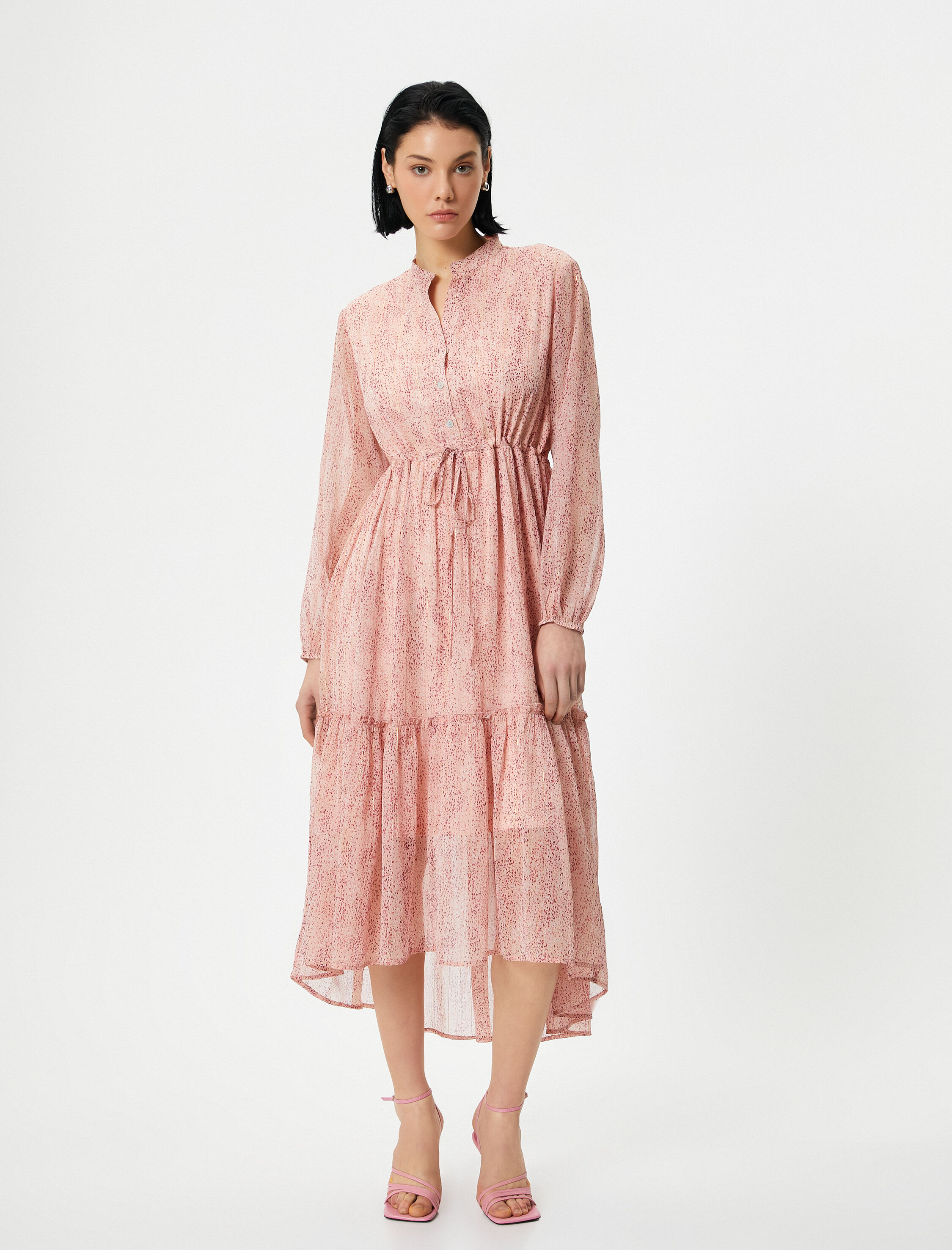   Midi Şifon Elbise Asimetrik Kesim Beli Bağlamalı Düğmeli