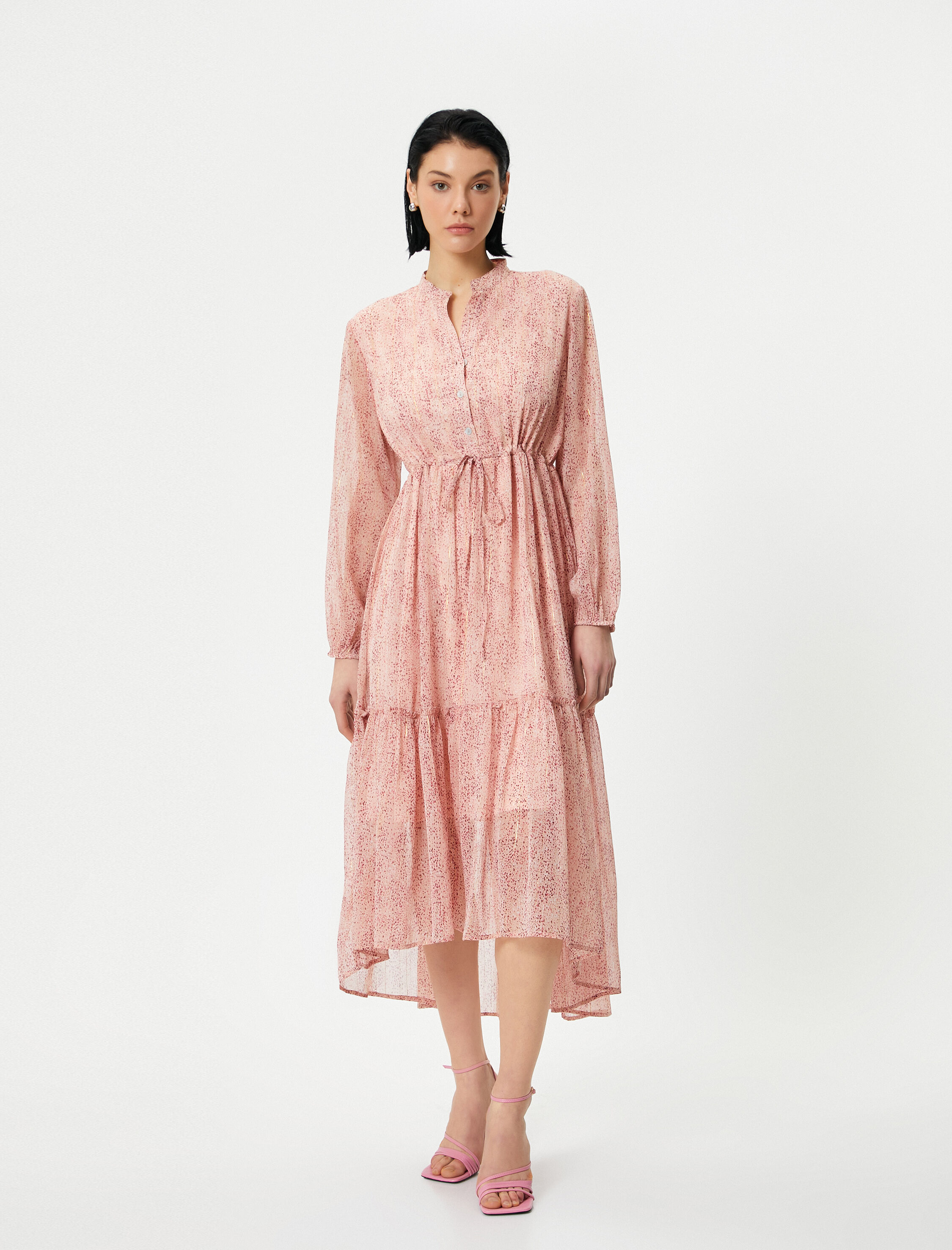   Midi Şifon Elbise Asimetrik Kesim Beli Bağlamalı Düğmeli