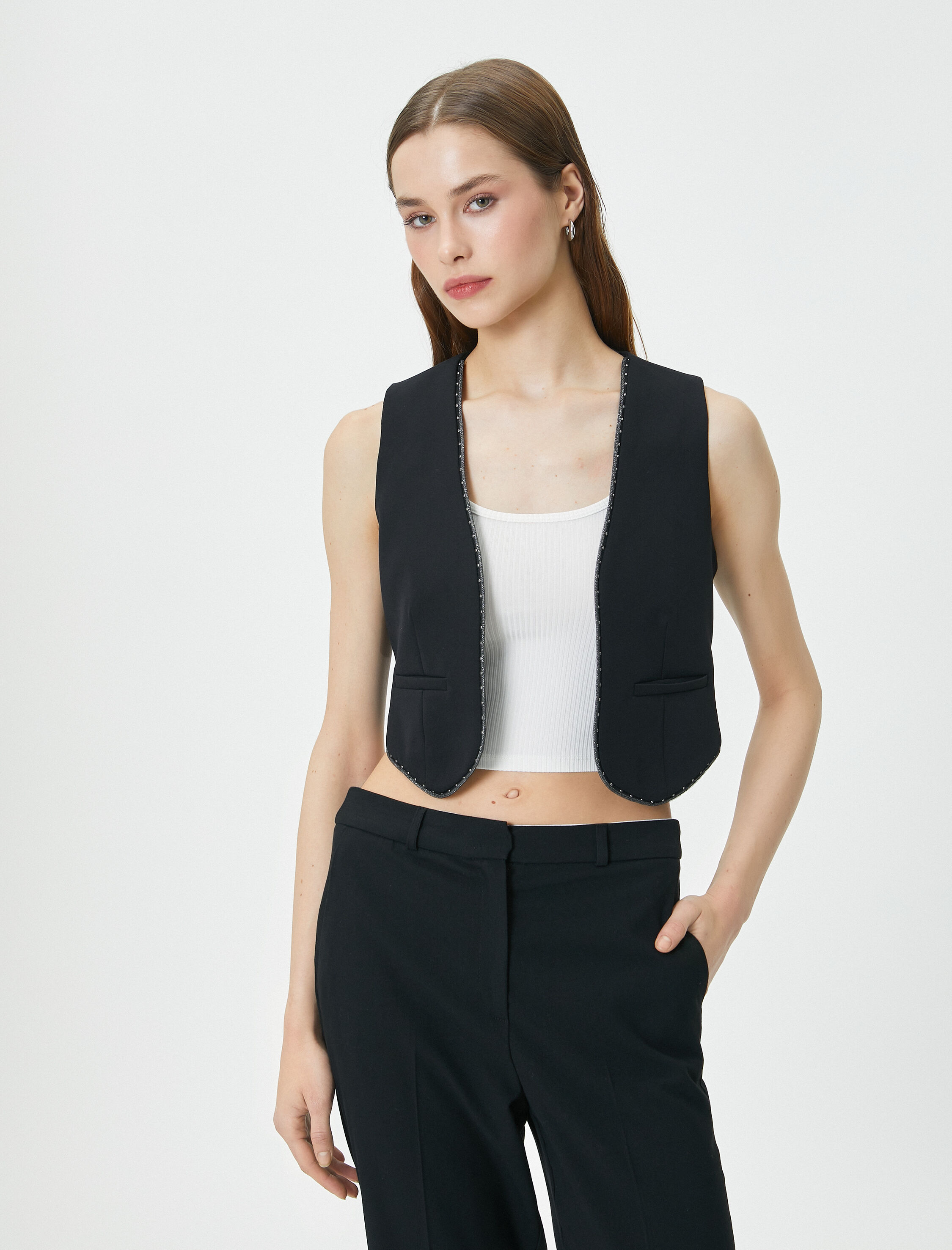   Crop Yelek Simli Şerit Detaylı Cepli