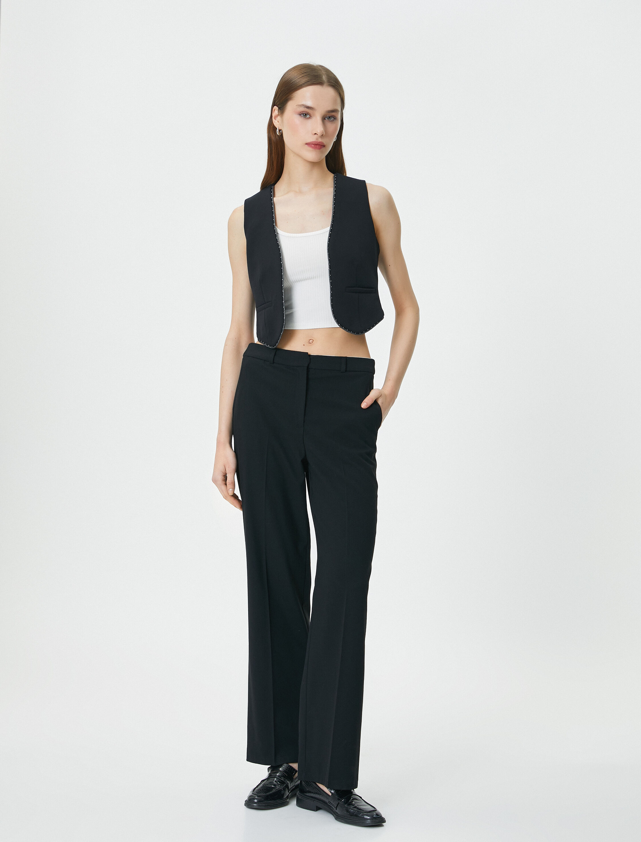   Crop Yelek Simli Şerit Detaylı Cepli