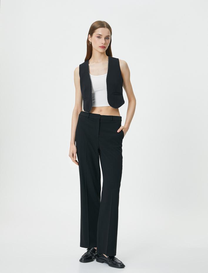  Crop Yelek Simli Şerit Detaylı Cepli