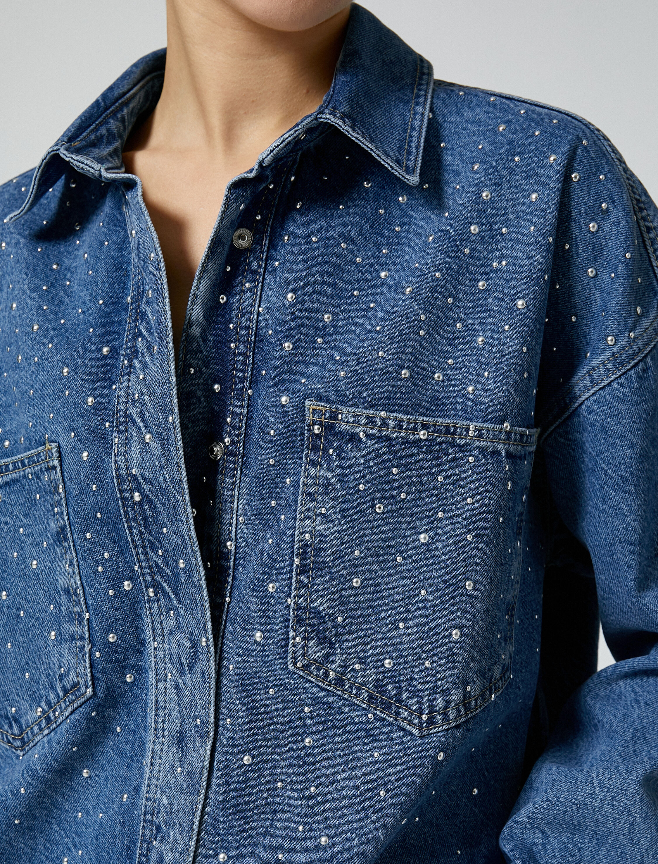   Taşlı Kot Gömlek Ceket Rahat Kalıp Pamuklu