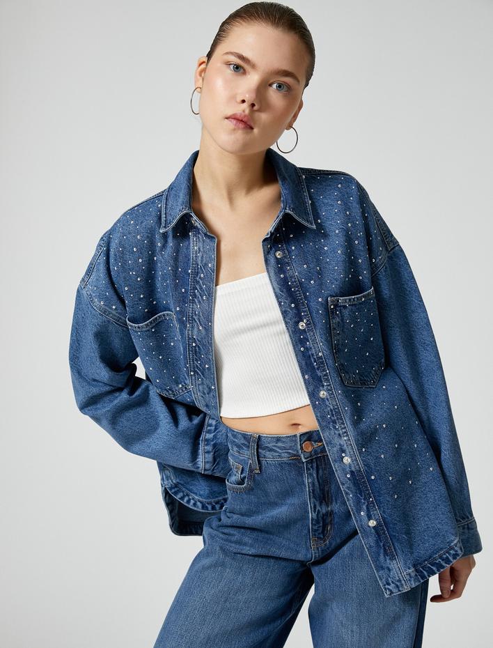  Taşlı Kot Gömlek Ceket Rahat Kalıp Pamuklu