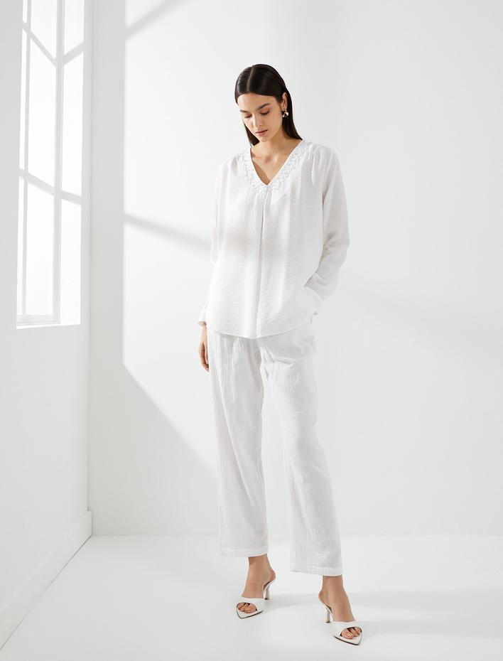  İncili Bluz V Yaka Uzun Kollu Viskon Dokulu