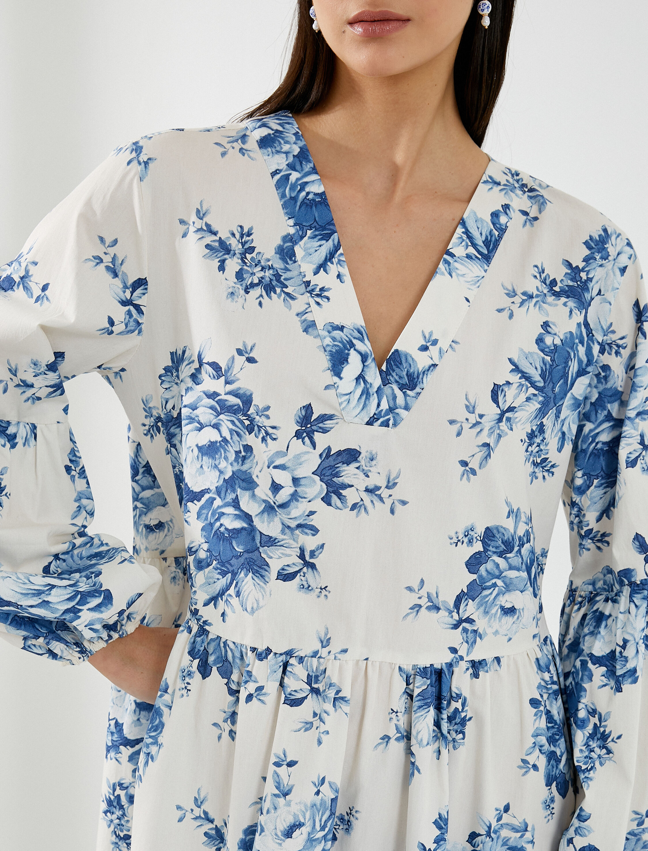   Midi Çiçekli Elbise Balon Kollu V Yaka