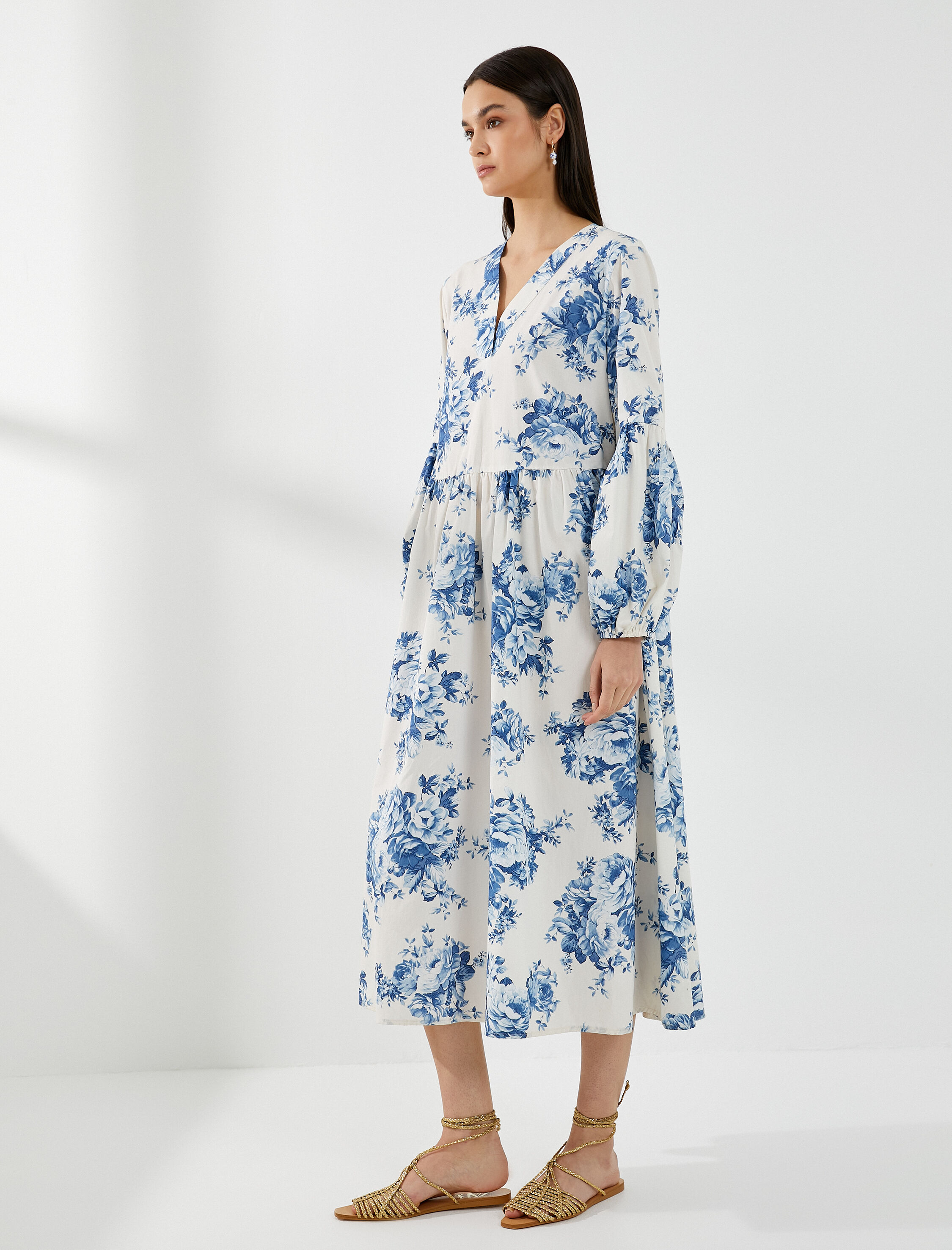   Midi Çiçekli Elbise Balon Kollu V Yaka