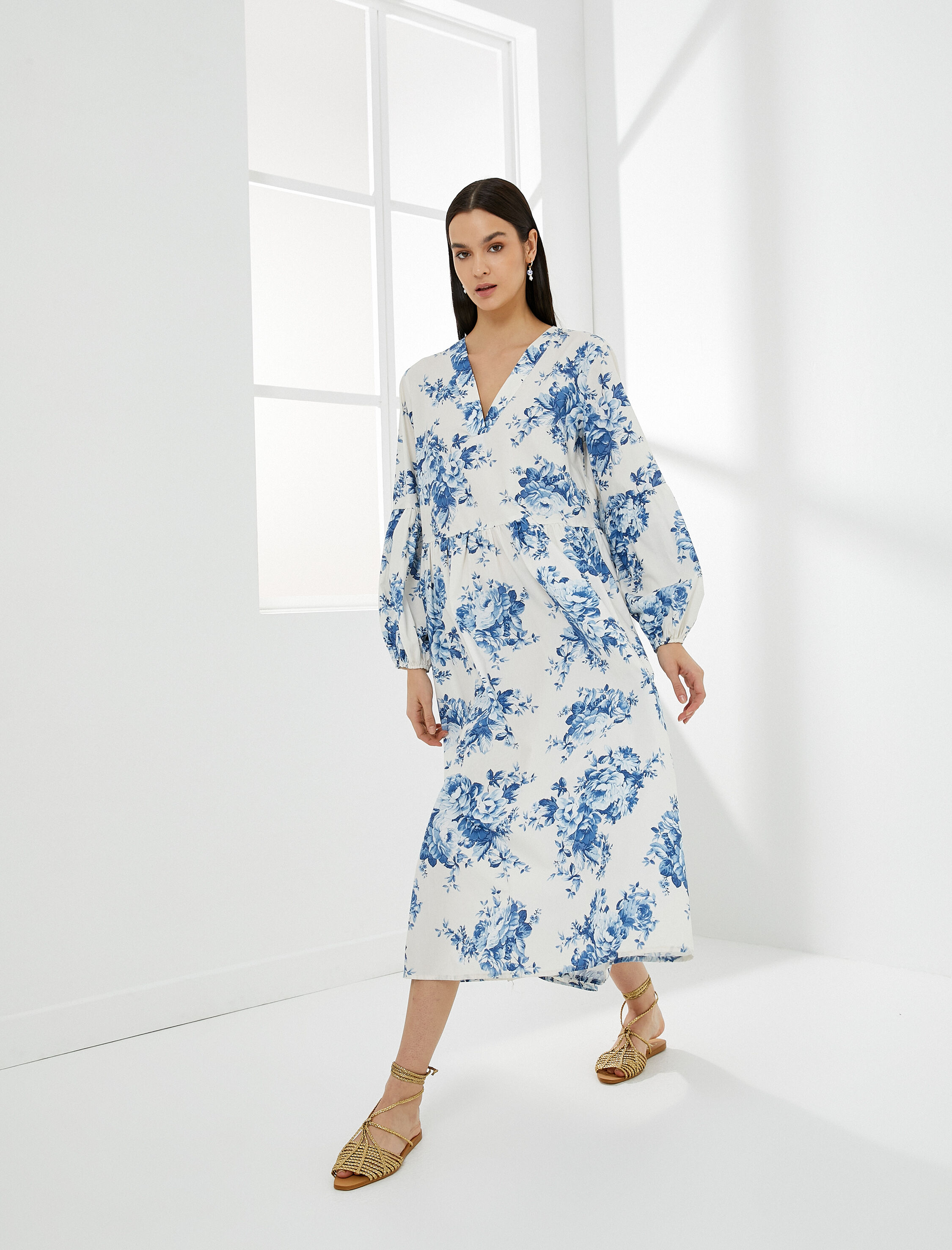   Midi Çiçekli Elbise Balon Kollu V Yaka