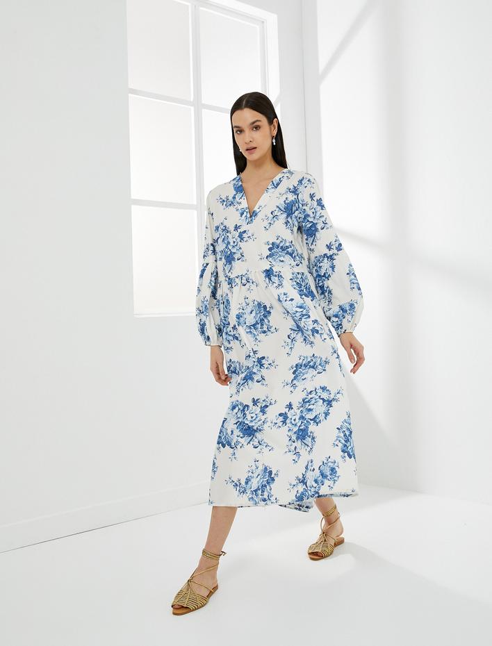  Midi Çiçekli Elbise Balon Kollu V Yaka