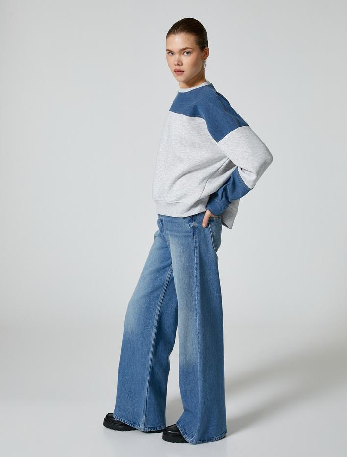  Şardonlu Kot Detaylı Sweatshirt Bisiklet Yaka Arkası Fermuar Detaylı