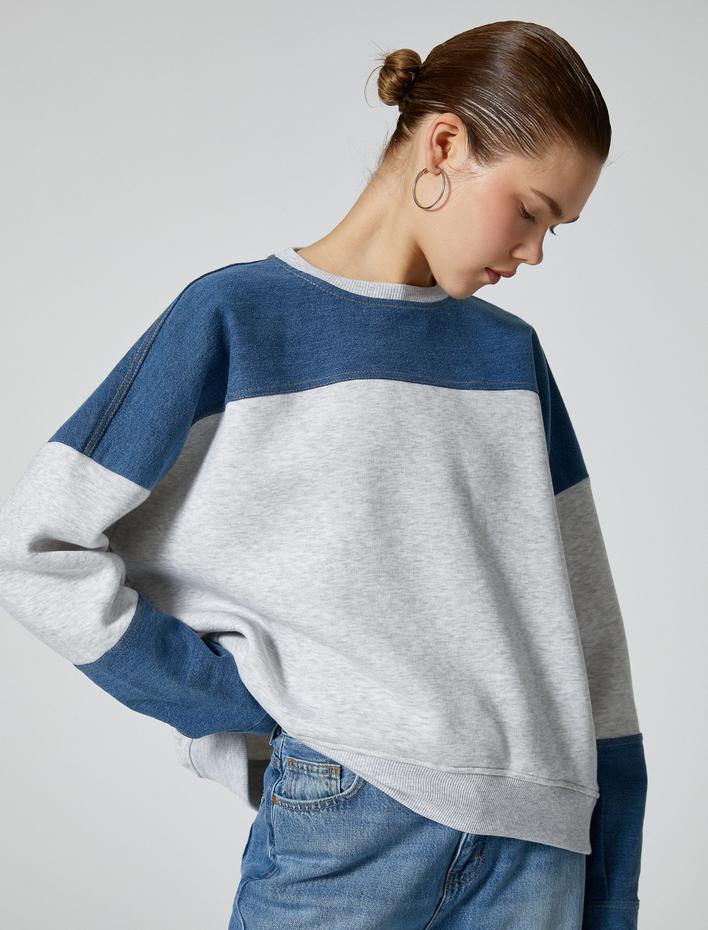  Şardonlu Kot Detaylı Sweatshirt Bisiklet Yaka Arkası Fermuar Detaylı