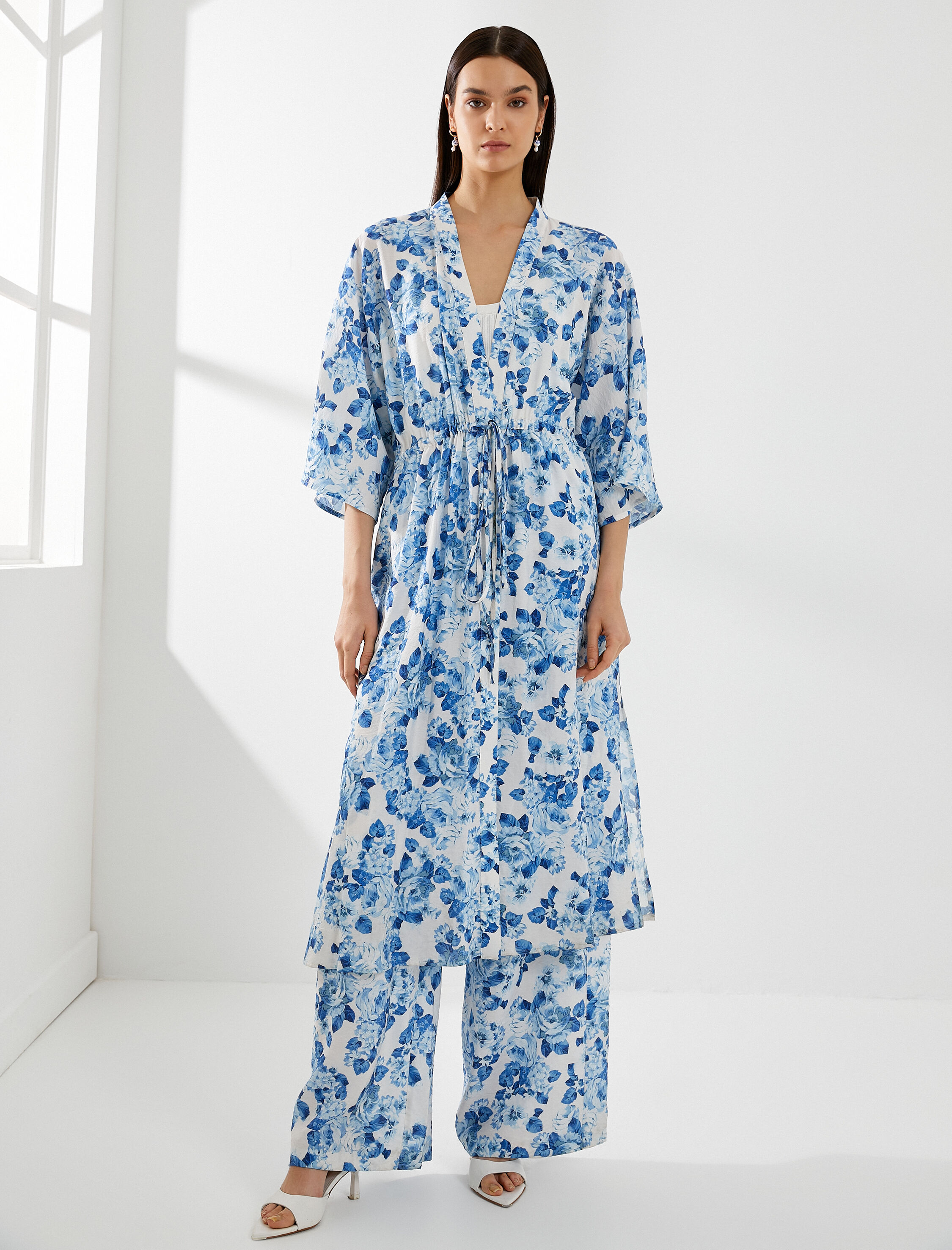   Çiçekli Kimono Yarasa Kollu Viskon