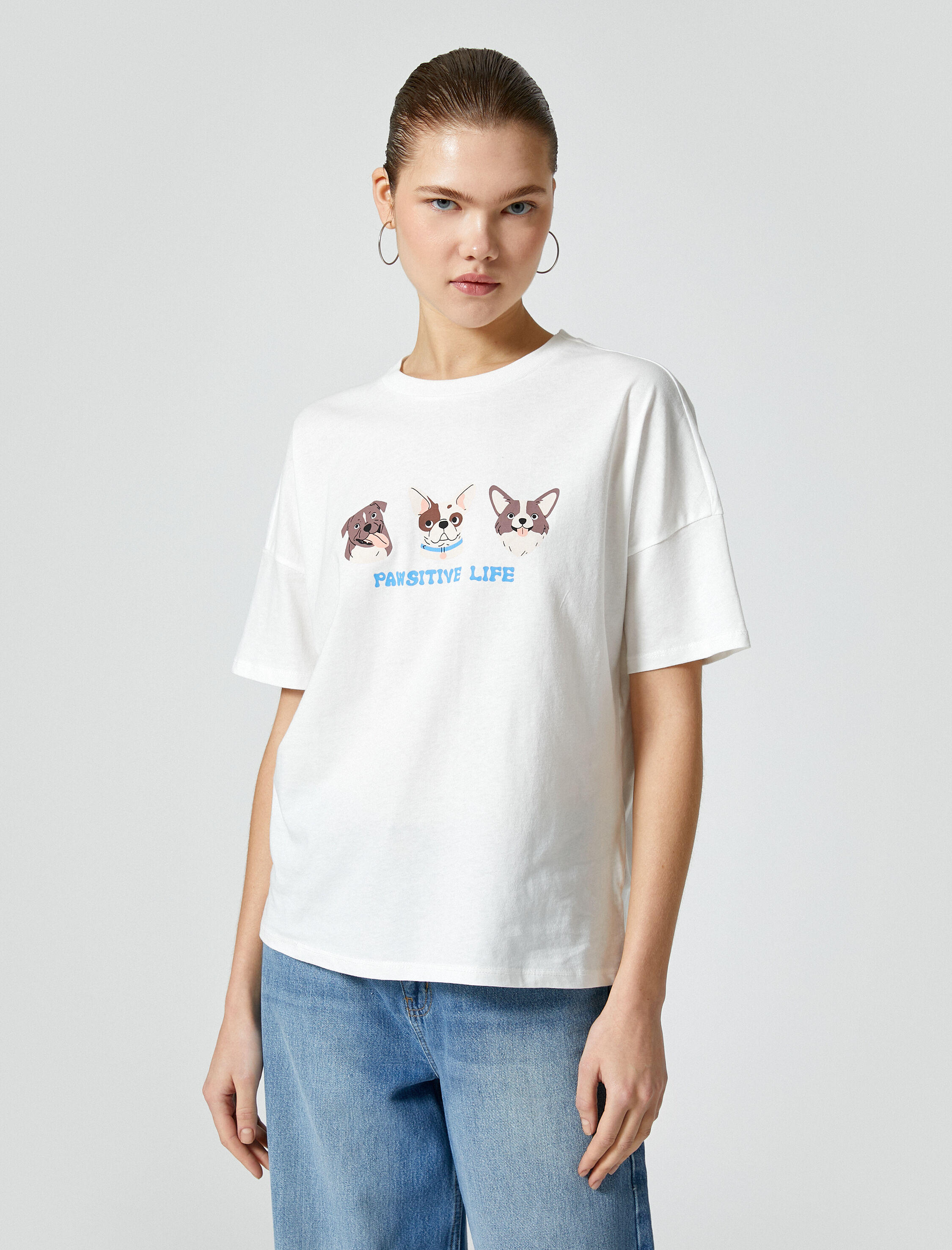   Köpek Baskılı Tişört Pamuklu Kısa Kollu Bisiklet Yaka