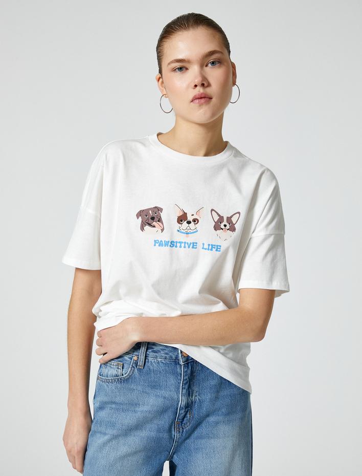  Köpek Baskılı Tişört Pamuklu Kısa Kollu Bisiklet Yaka