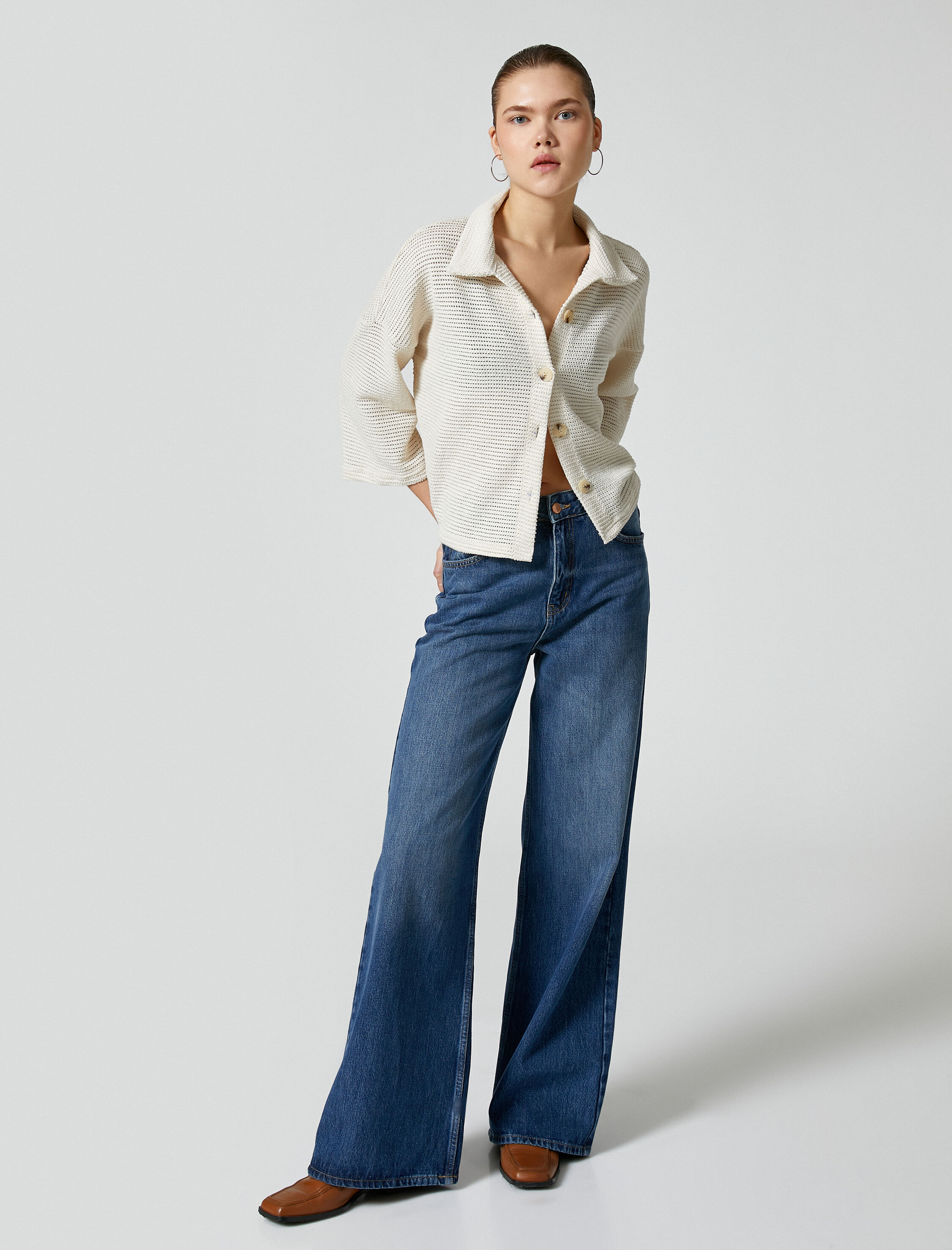   Ajurlu Kroşe Gömlek Kimono Kol Rahat Kesim