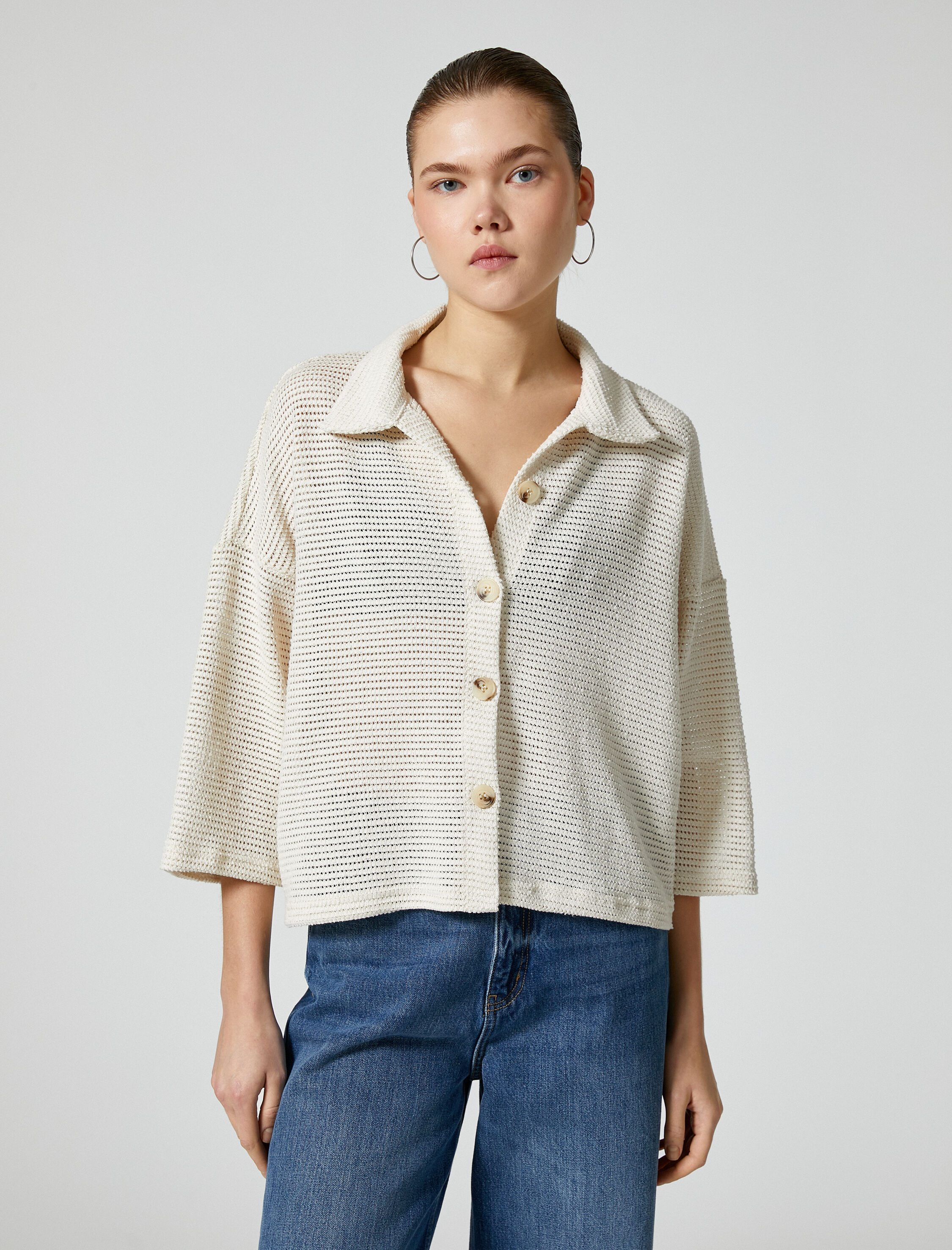   Ajurlu Kroşe Gömlek Kimono Kol Rahat Kesim