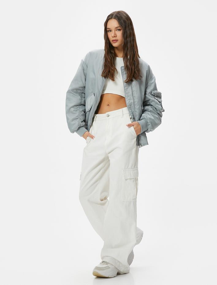  Bomber Ceket Kapaklı Çift Cep Kolej Yaka Fermuarlı