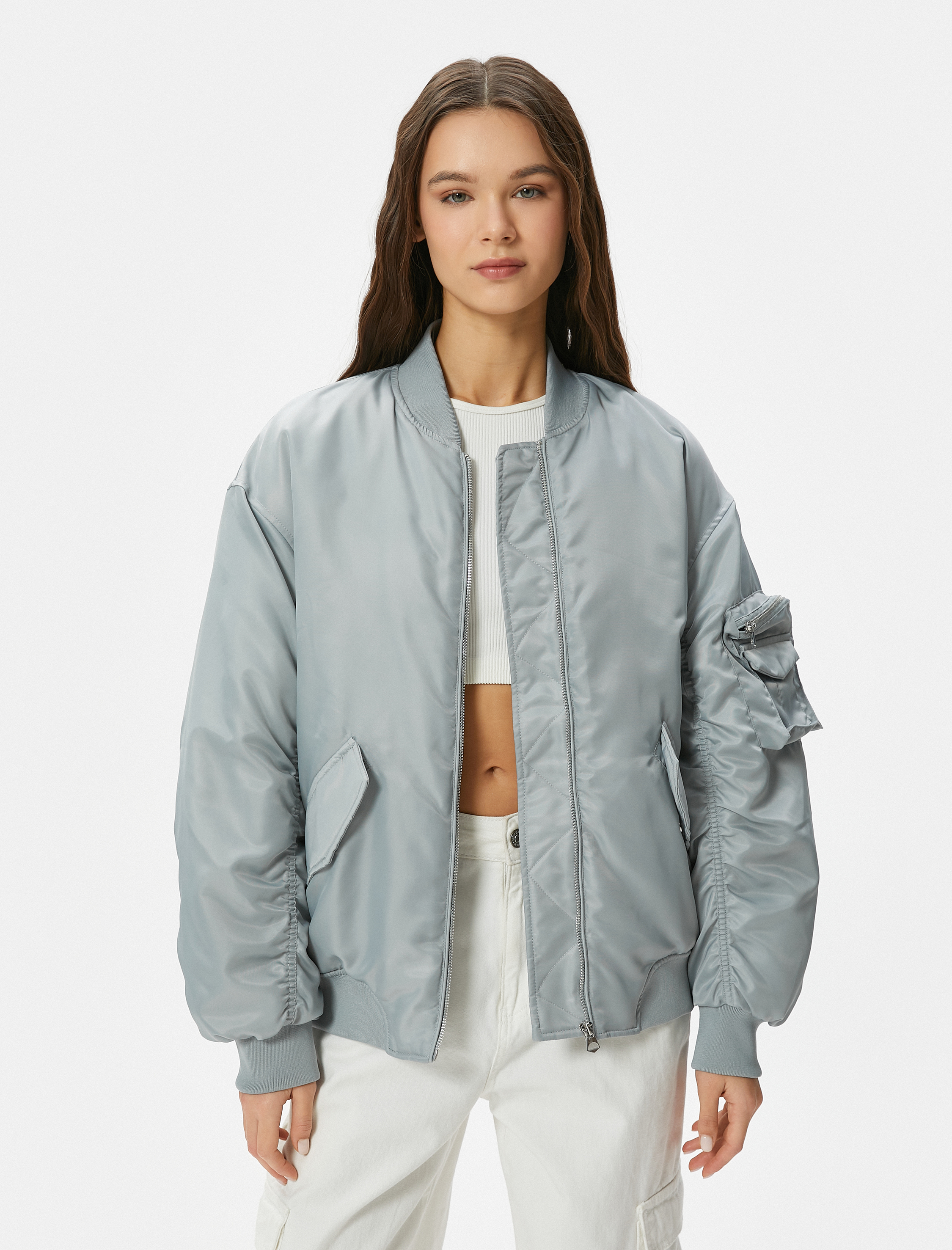   Bomber Ceket Kapaklı Çift Cep Kolej Yaka Fermuarlı